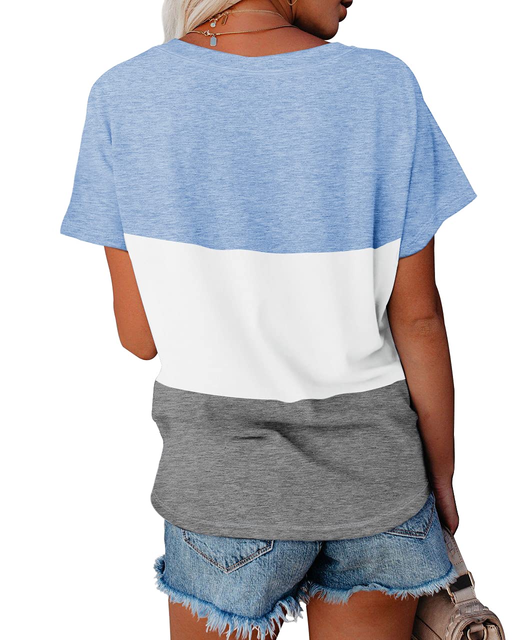 WEESO Women's V-Neck Color Block T-Shirt - Soft Summer Short Sleeve Casual Top for Everyday Wear, Work & Weekend Outfits