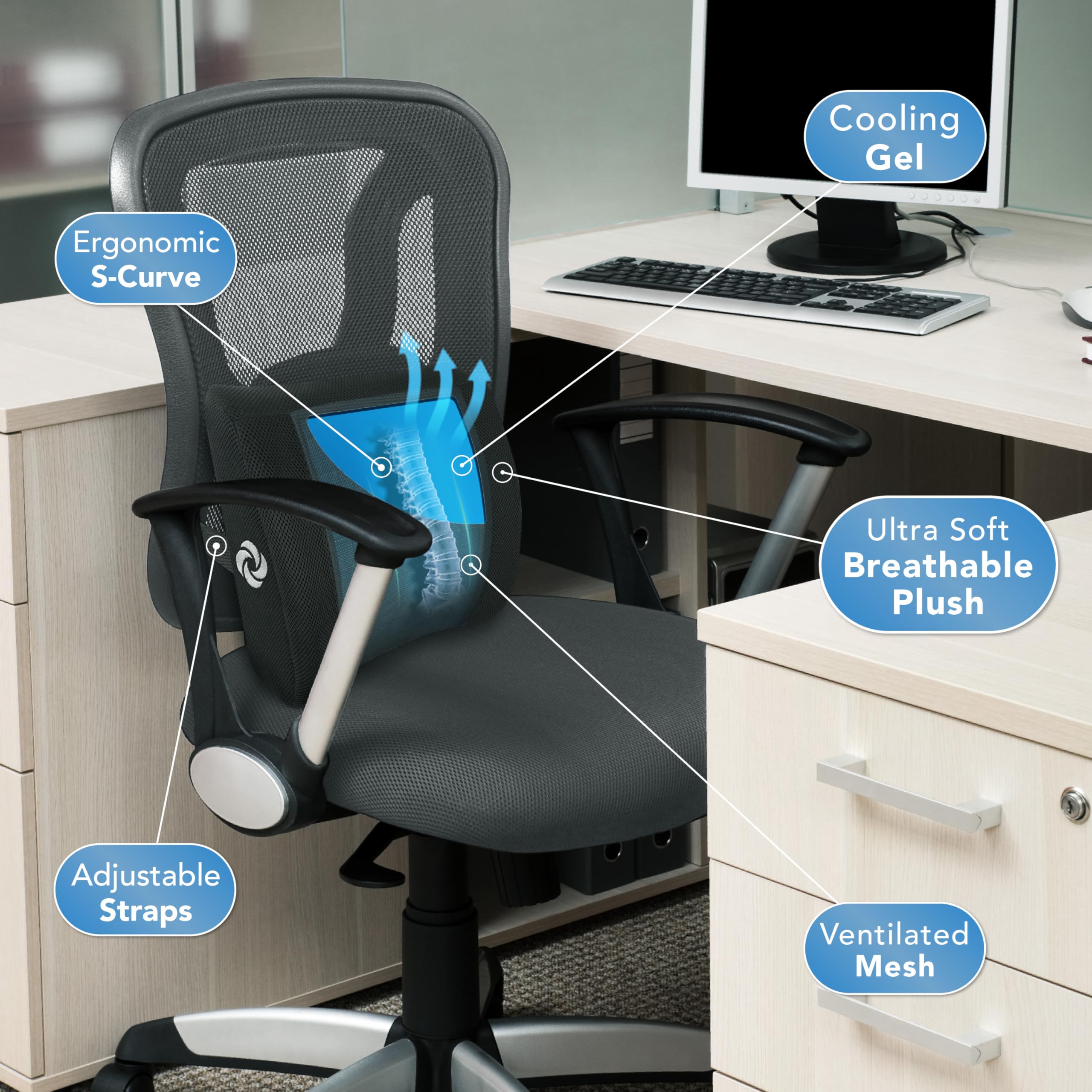 Samsonite Cooling Gel Lumbar Support Pillow - Memory Foam Office Chair & Car Seat Cushion with Breathable Mesh & Washable Cover for Lower Back Comfort - Perfect for Work, Travel & Long Drives