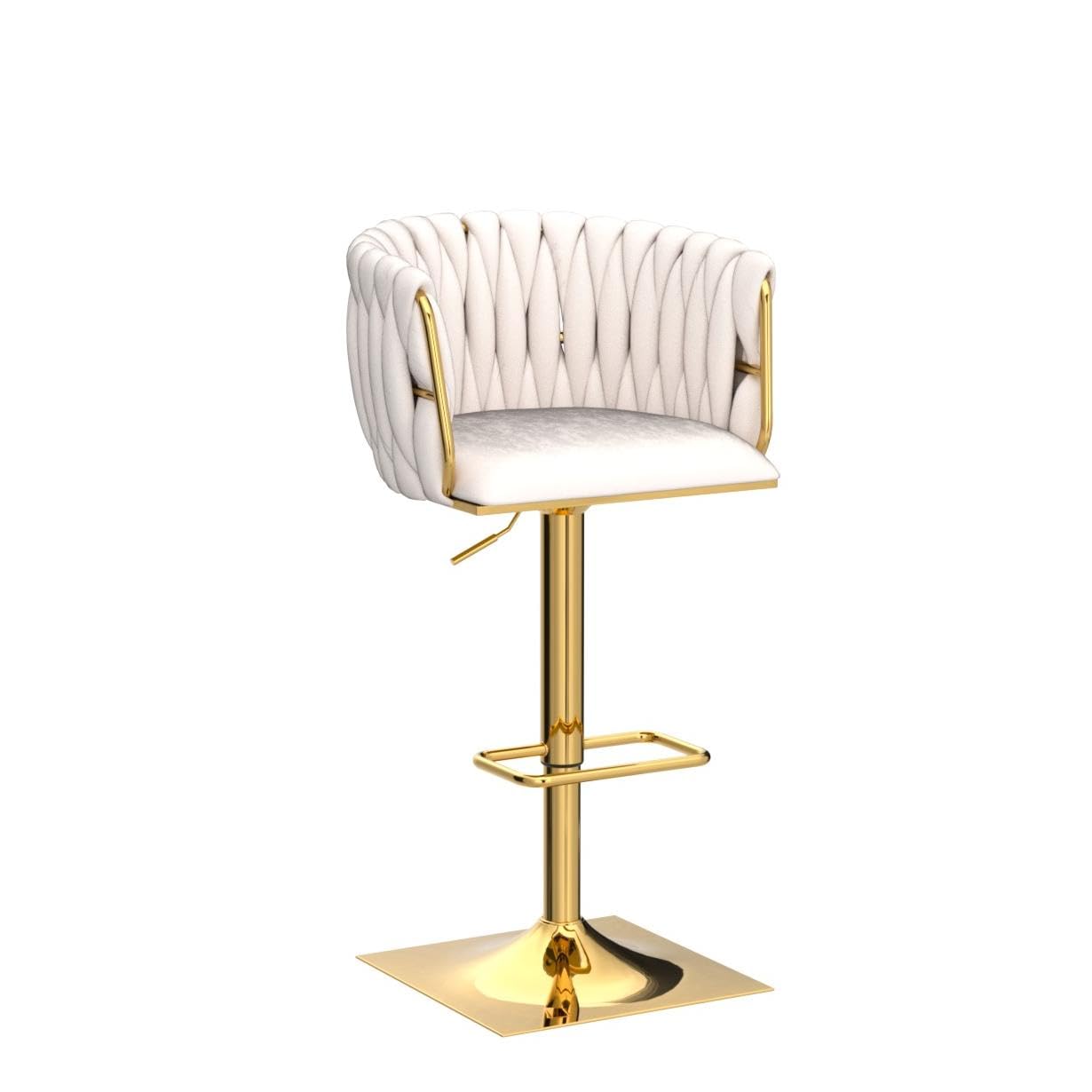 NIOIIKIT Velvet Upholstered Swivel Bar Stool Set of 2 - Counter Height Dining Chairs with Hand Woven Backrest & Footrest - Kitchen Island, Pub, Bar Counter Stools for Home & Restaurant (Ivory)