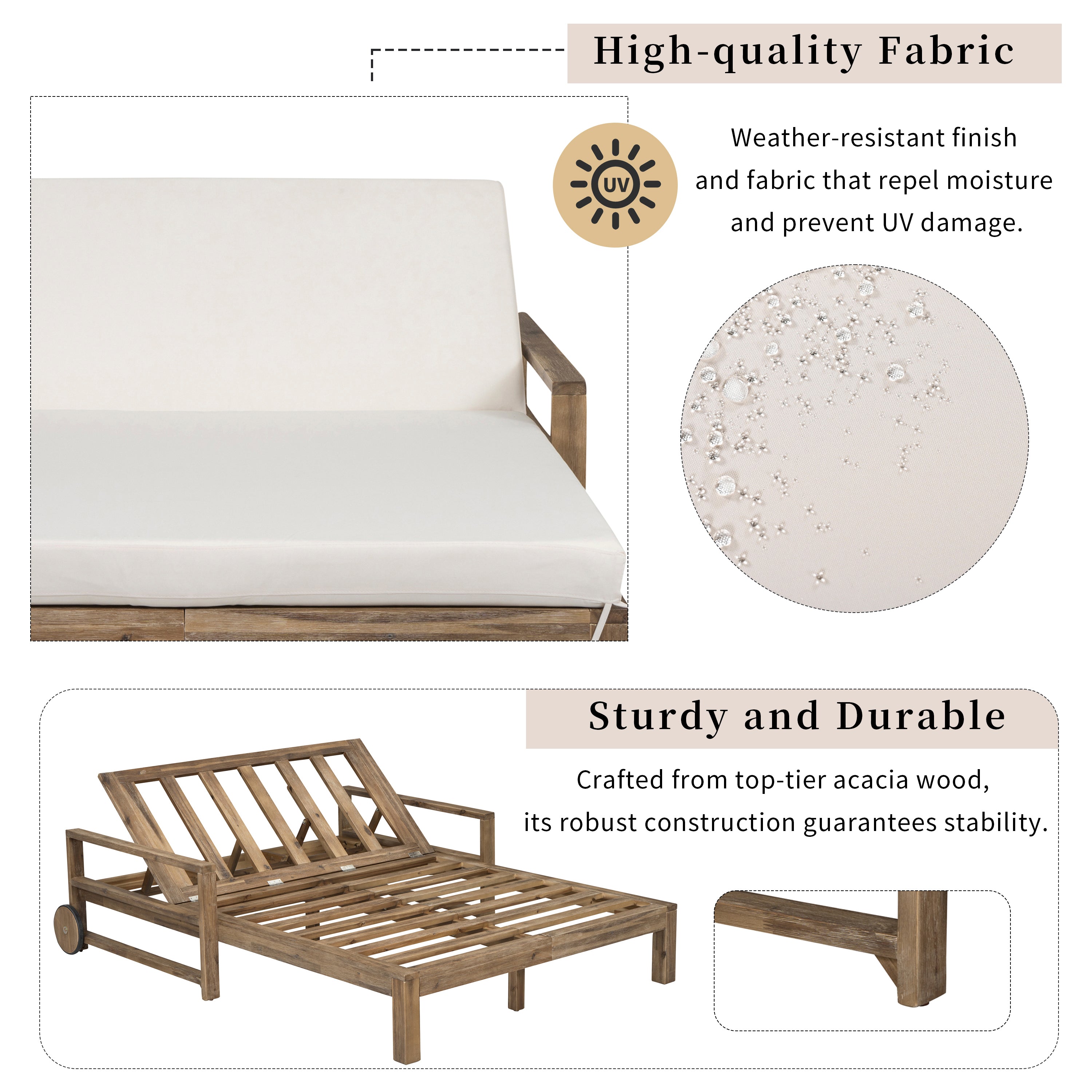 Farmhouse Style Wooden Outdoor Sunbed - 2 Person Daybed for Poolside, Garden & Backyard Relaxation | Weather-Resistant Beige Finish | Perfect for Lounging, Sunbathing & Outdoor Entertaining