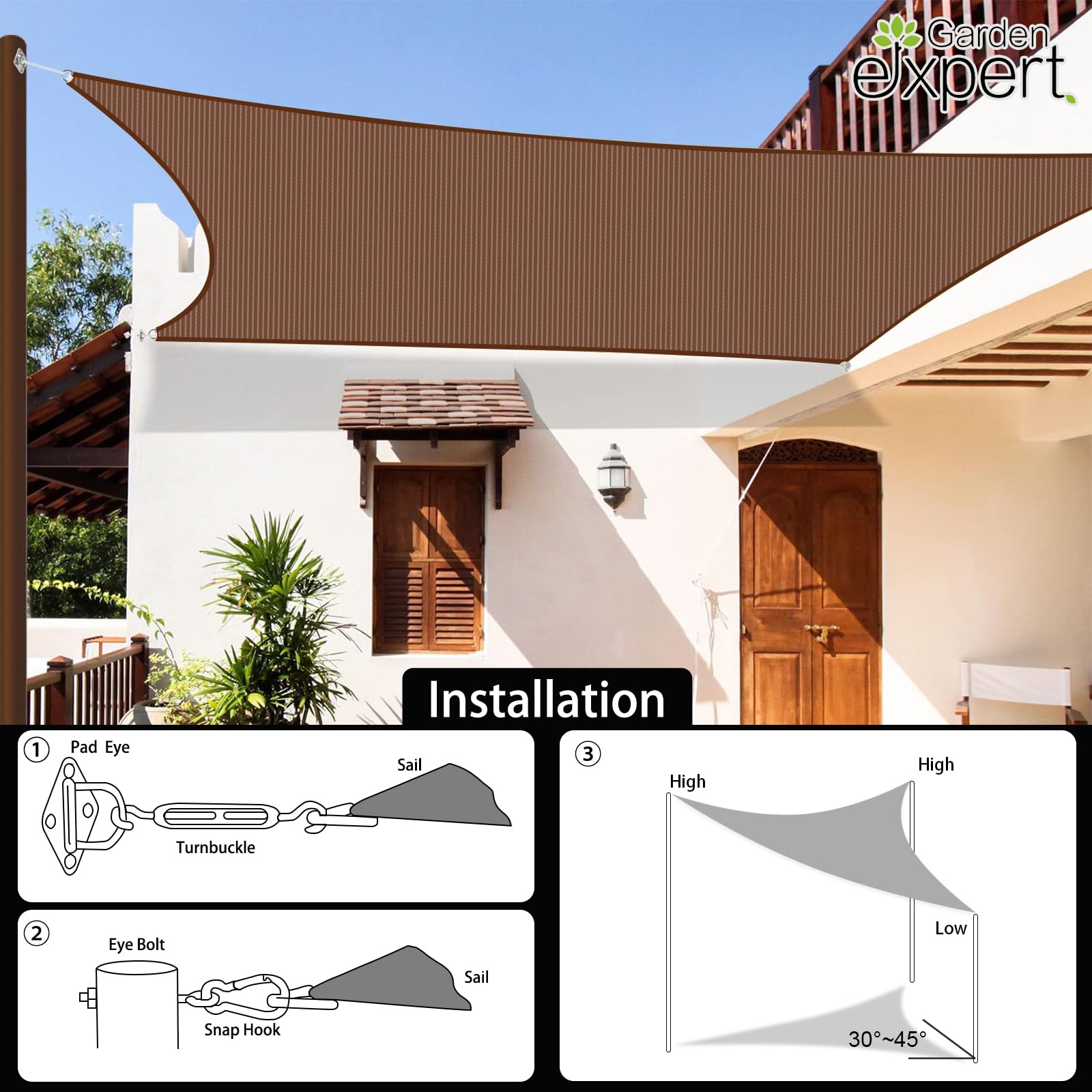 12x16ft Brown Rectangle Sun Shade Sail - Patio, Garden & Backyard Canopy Cover
