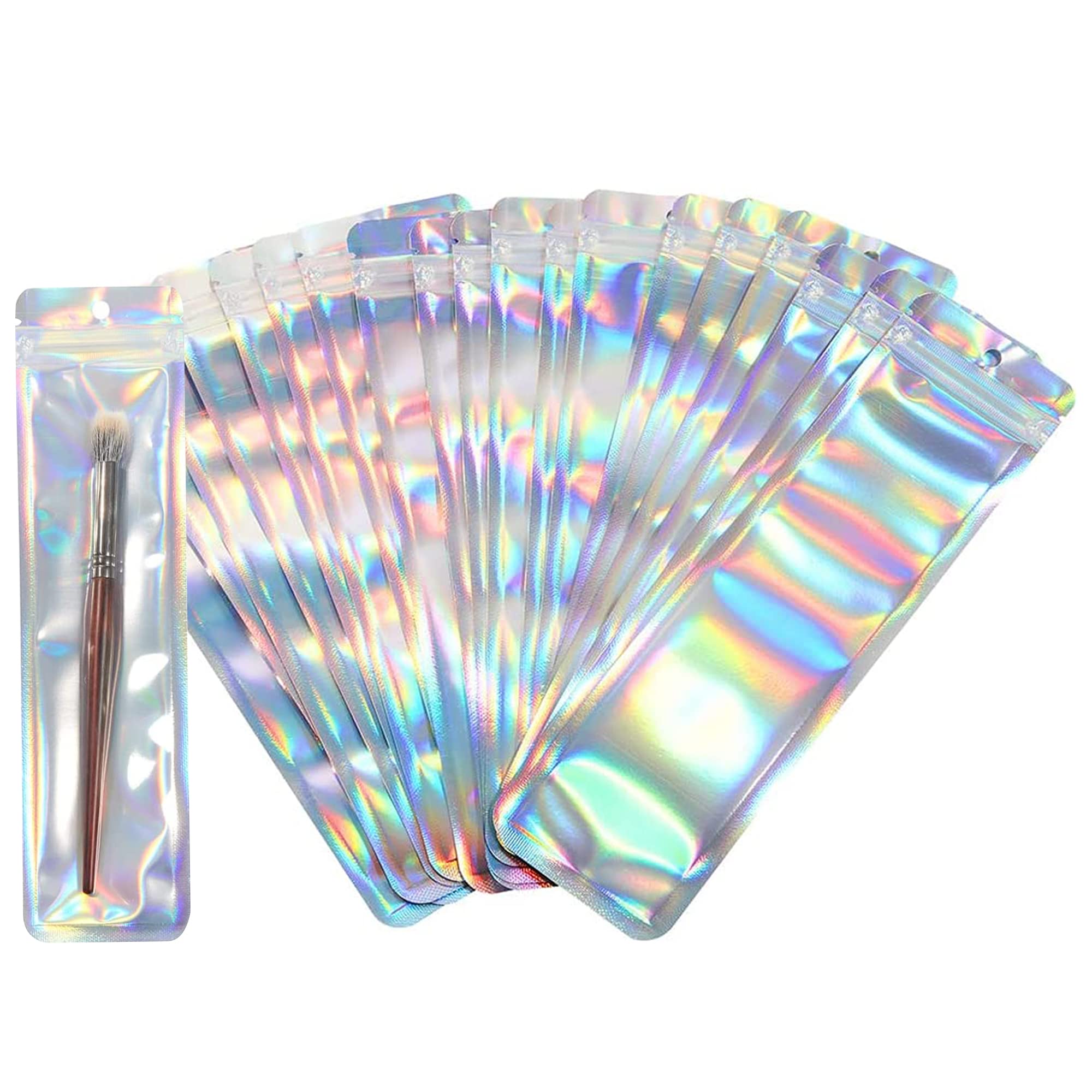 100 Pack Smell Proof Mylar Bags with Clear Window - Holographic Food Storage Bags (2.8x8.7 Inch) - Airtight Packaging for Snacks, Coffee, Tea & Herbs - Perfect for Home, Travel & Camping Use