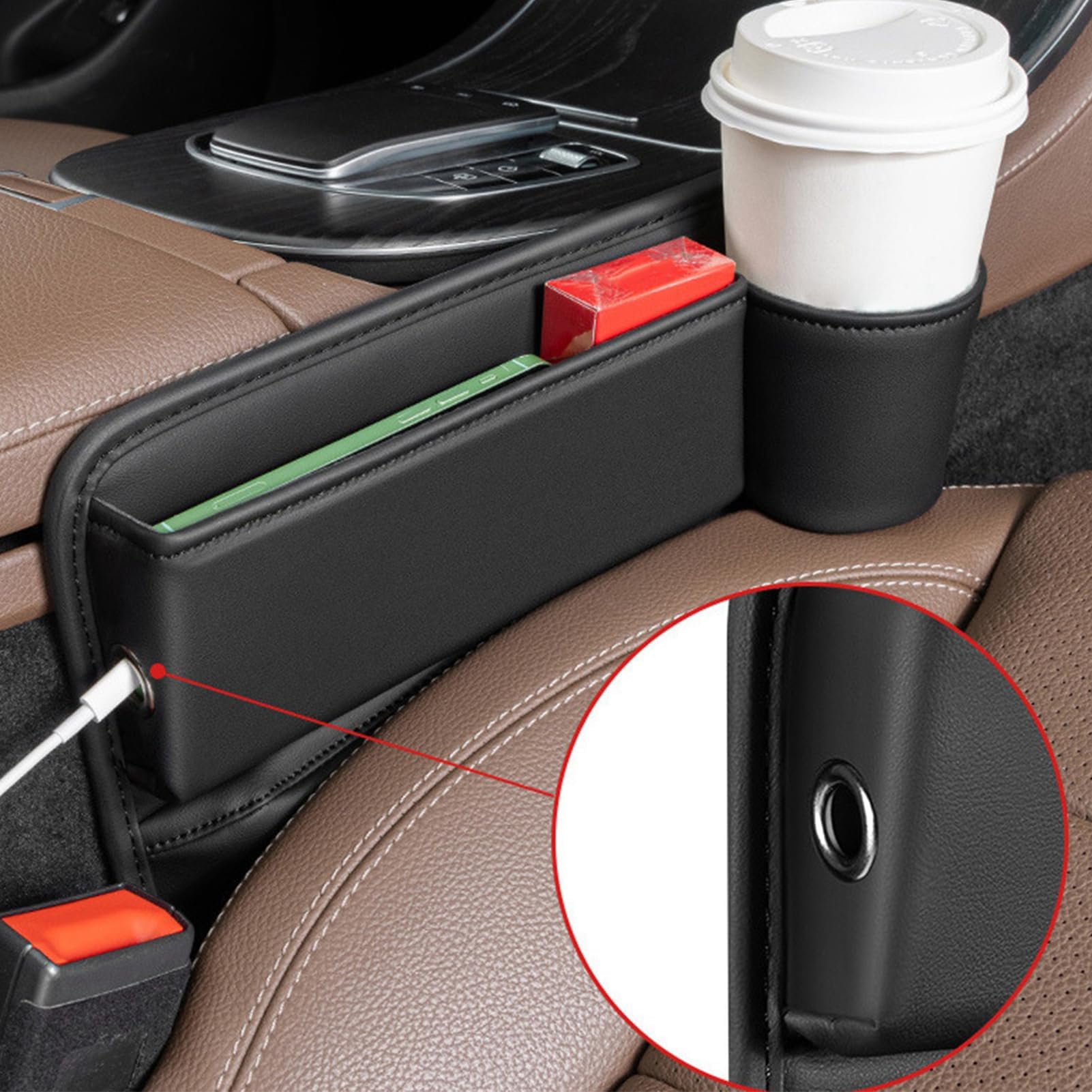 Premium Car Leather Cup Holder Gap Bag - Large Capacity Seat Gap Storage Box & Adjustable Seat Filler with Cup Holder - Beige (Left Side) - Perfect for Organizing Phones, Keys, Wallets & Snacks While Driving