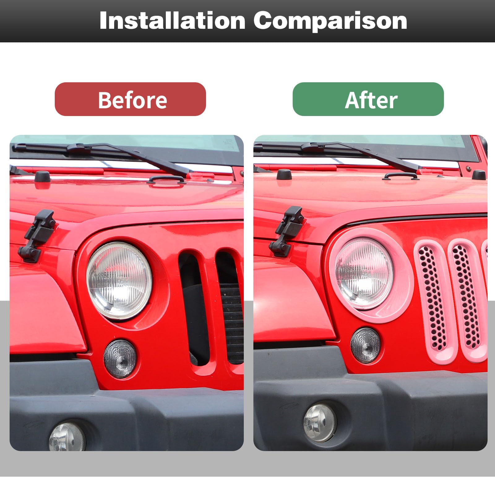 CheroCar Pink Mesh Grille Insert & Headlight Cover Trim for Jeep Wrangler JK (2007-2017) | Exterior Accessories | Off-Road Style Upgrade & Custom Look