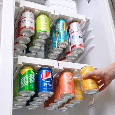 2-Pack Fridge Drawer Hanging Soda Can Organizer - Holds 8 Standard Cans - Space-Saving Beer, Soda & Seltzer Storage Shelf - Perfect for Refrigerator, Pantry & Kitchen Organization (White)