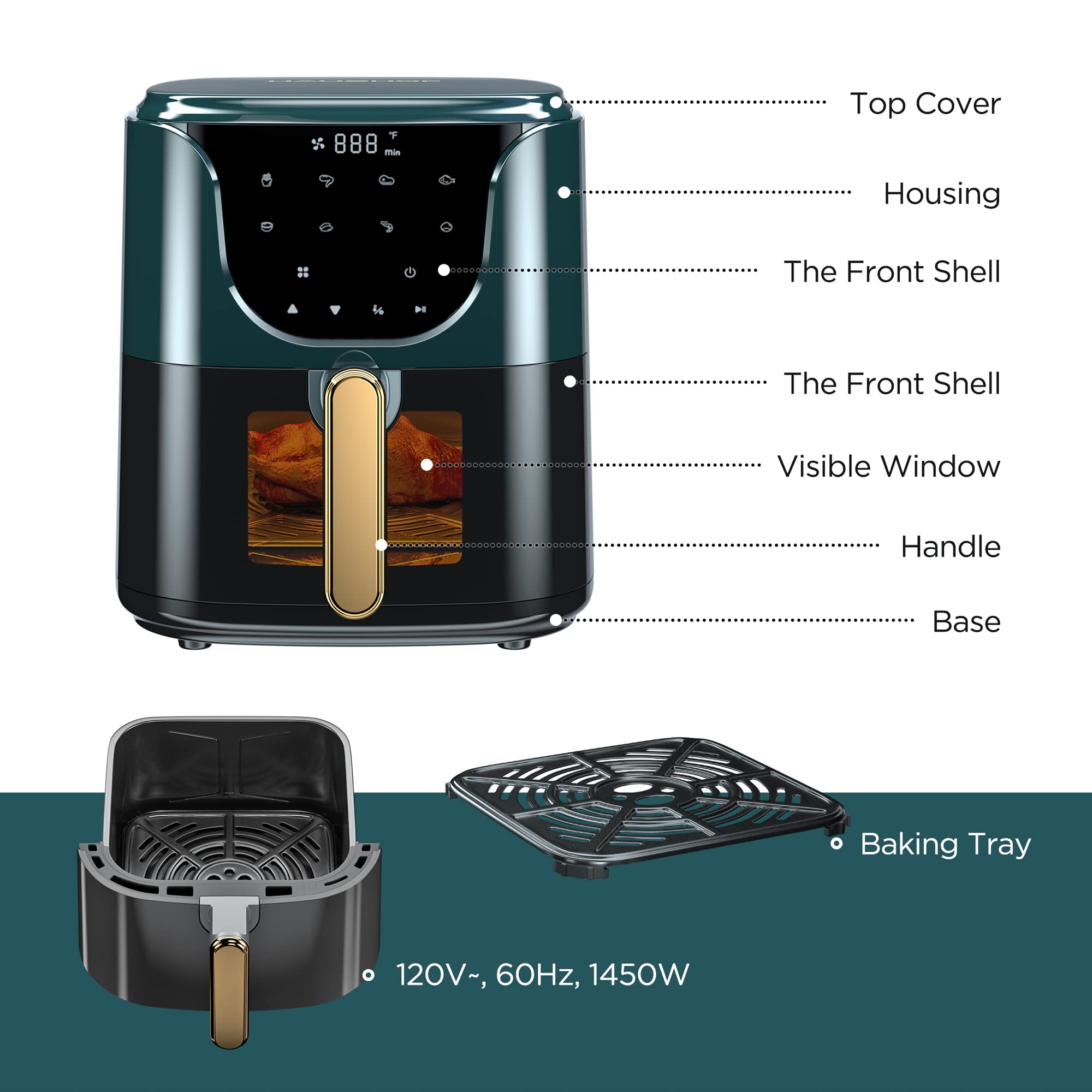 5.8 QT Digital Air Fryer Oven - 1450W Oil-Free Cooker with 8 Presets, Timer & Temp Control, Nonstick Basket - Perfect for Healthy Frying, Baking & Roasting - Compact Green Countertop Appliance for Small Kitchens & Dorms