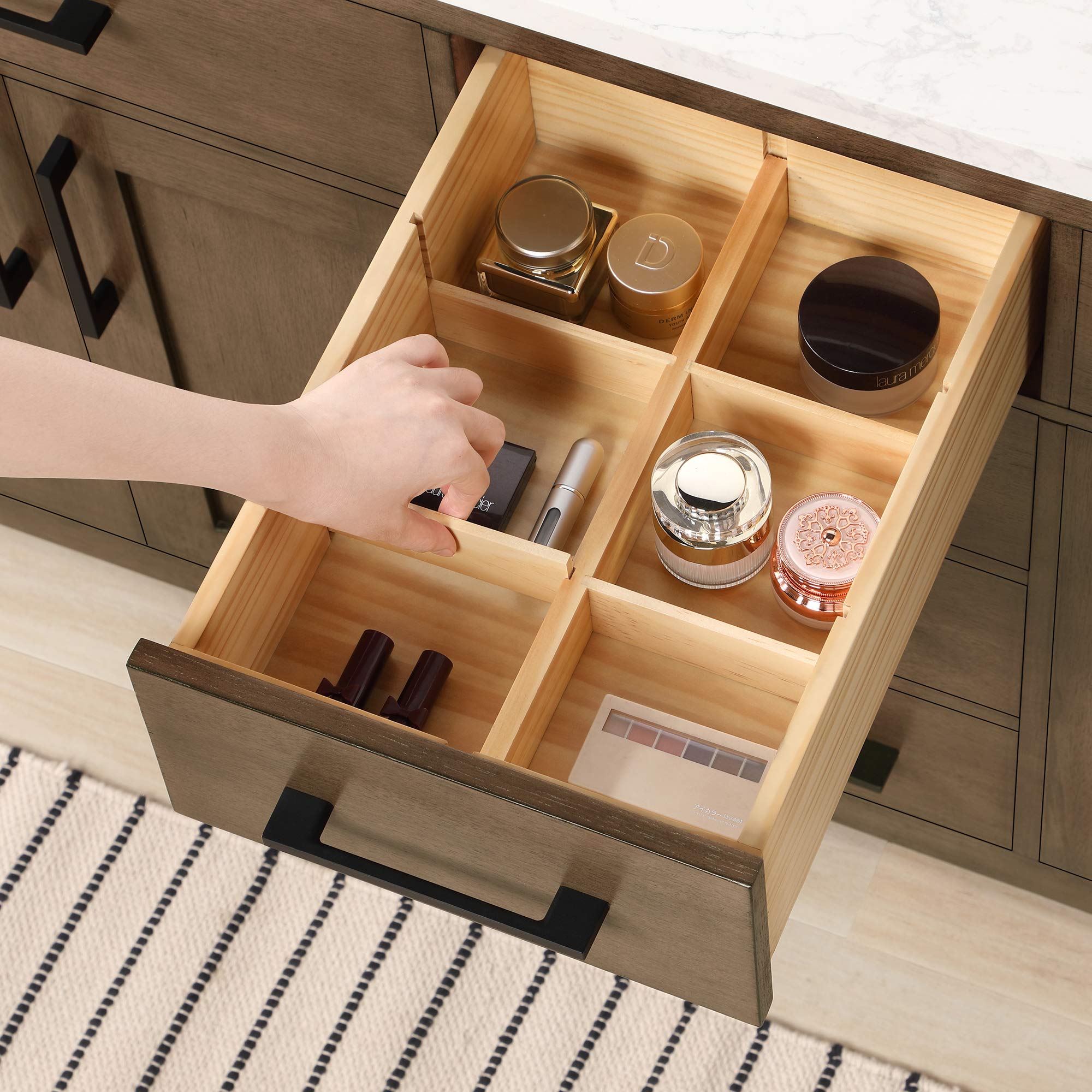 Ove Decors Maya Plus 60-Inch Double Sink Bathroom Vanity in Almond Latte Finish with Black Hardware & Power Bar - Modern Bathroom Storage Solution for Master Bath & Guest Bath Remodel