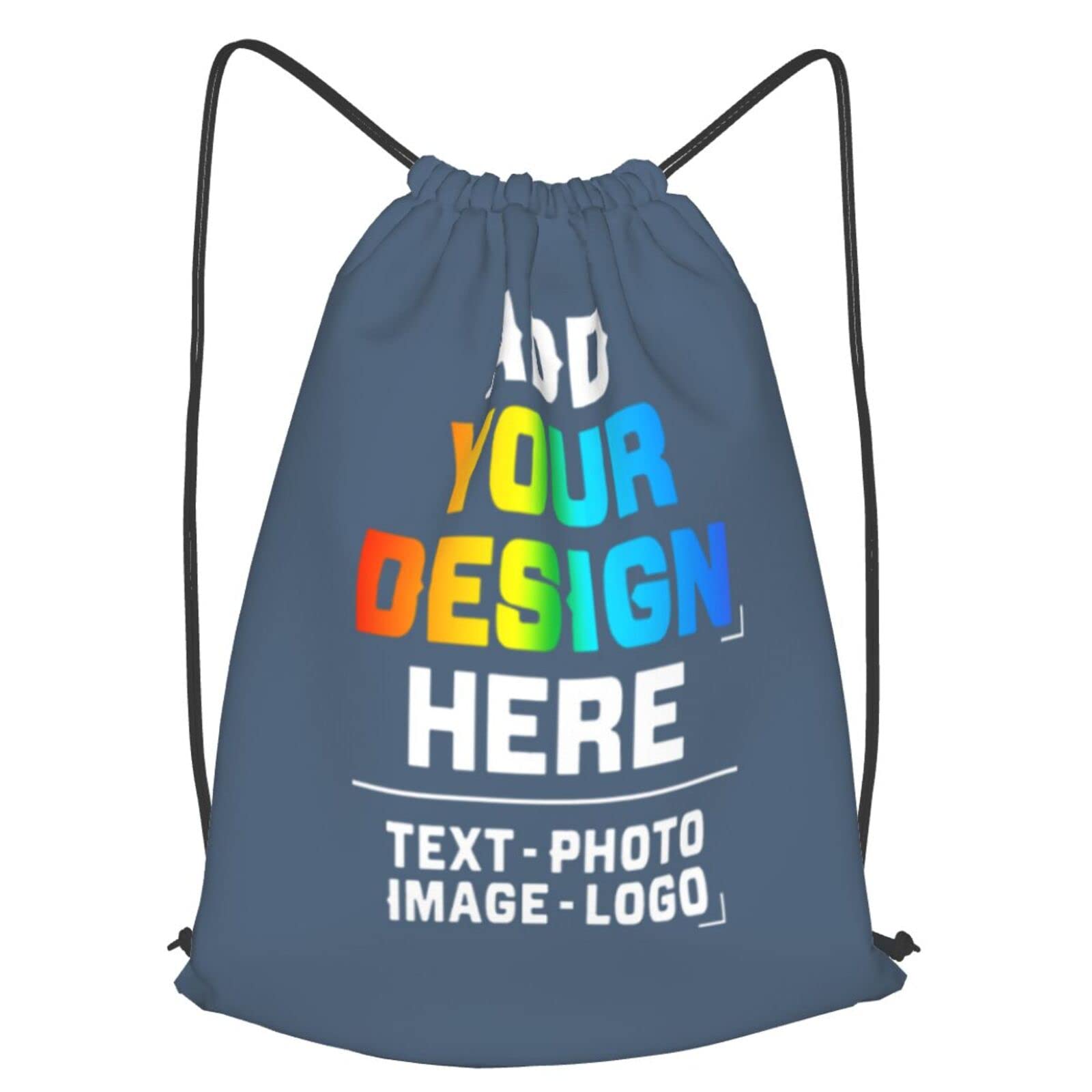 Custom Personalized Drawstring Backpack with Image & Text - Water Resistant Sports Sackpack for Men & Youth Boys - Gym, School, Travel & Outdoor Activities - Indigo Blue 14x16.9 Inches