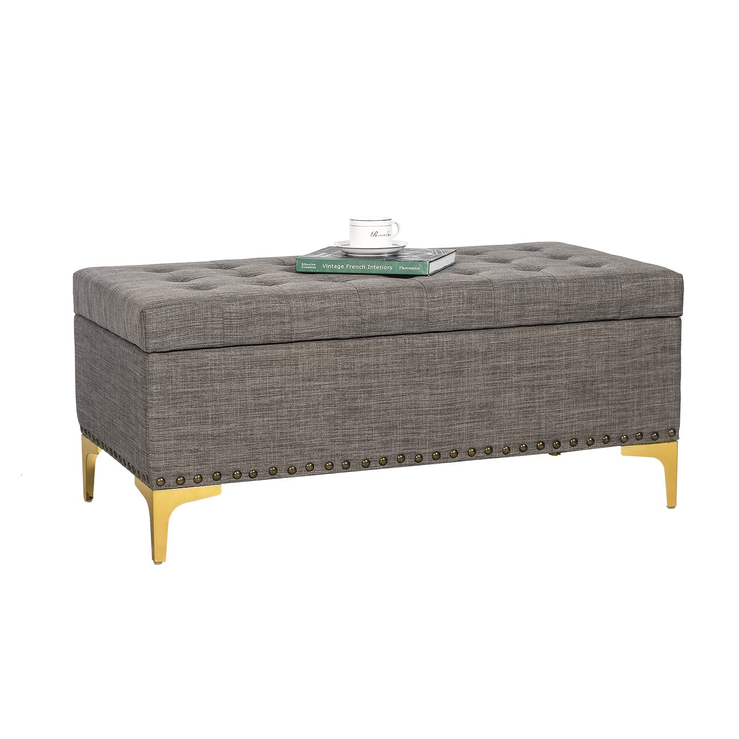 Adeco Tufted Rectangular Storage Ottoman Bench with Lift Top & Sturdy Metal Legs - Dark Grey Footstool for Living Room, Bedroom, or Entryway Storage