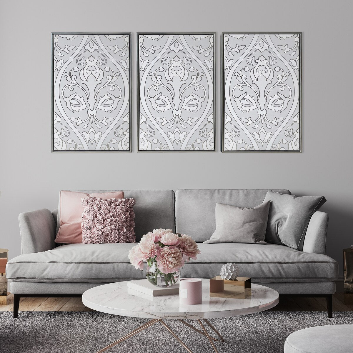 Baroque Triptych 3-Piece Canvas Wall Art Set in Silver Floating Frames - Perfect for Living Room, Bedroom & Office Decor