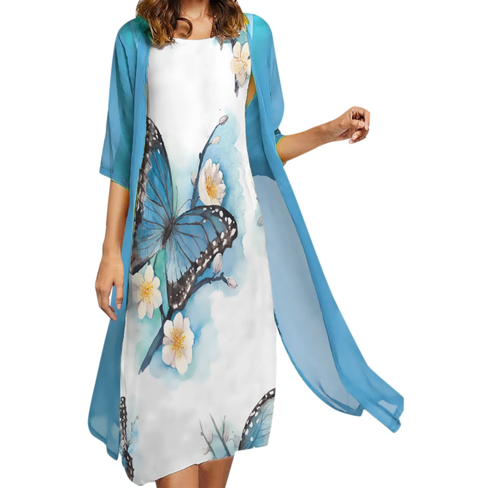 Floral Chiffon Mandarin Neck Bell Sleeve Maxi Dress for Women - Summer Casual Vacation Two Piece Set - Perfect for Beach Outings, Date Nights & Boho Style