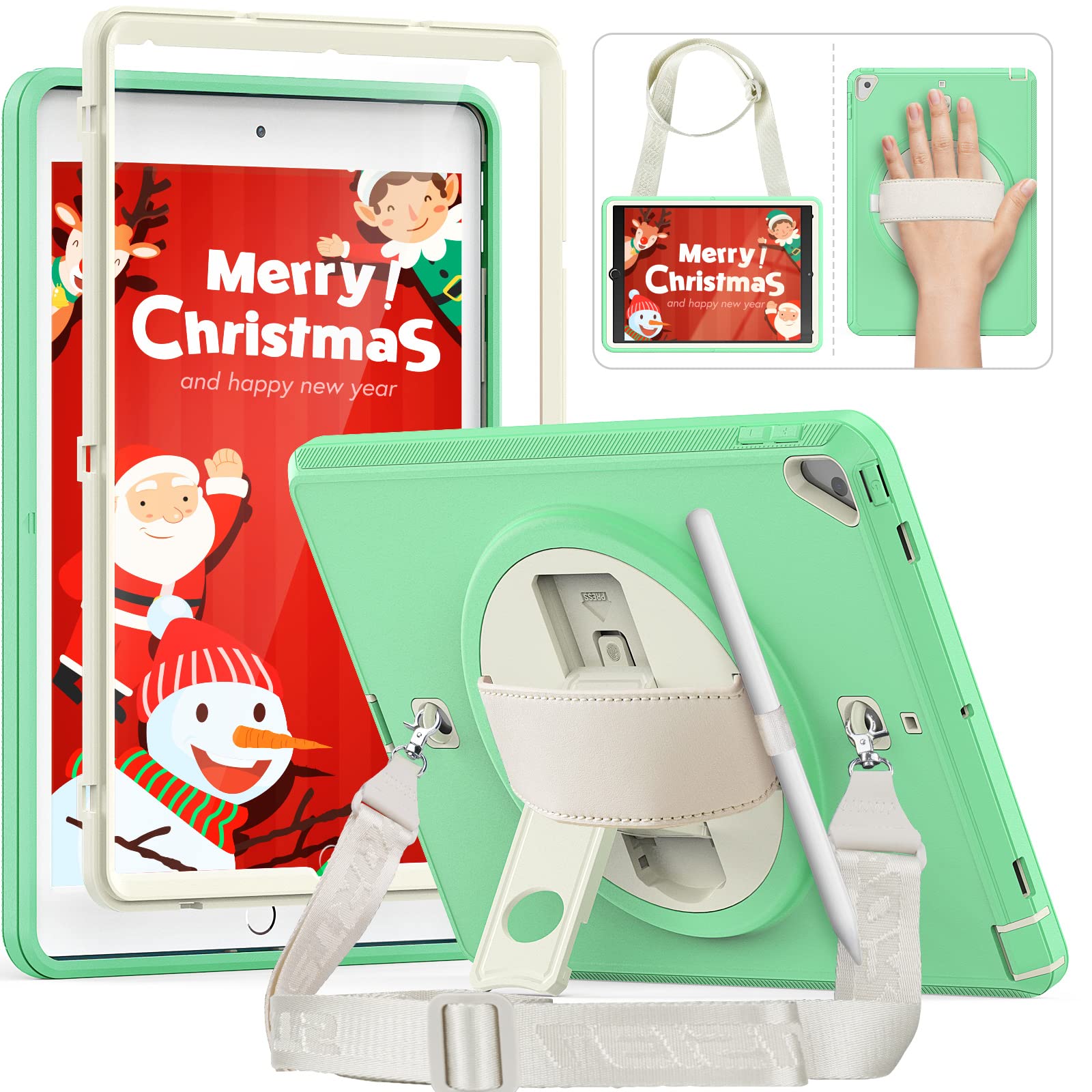 HXCASEAC 360° Rotating Shockproof Case with Screen Protector & Pencil Holder for iPad 9th/8th/7th Gen (10.2 inch 2021/2020/2019) - Mint Green | Stand, Hand Strap & Shoulder Strap | Perfect for Work, Travel & School