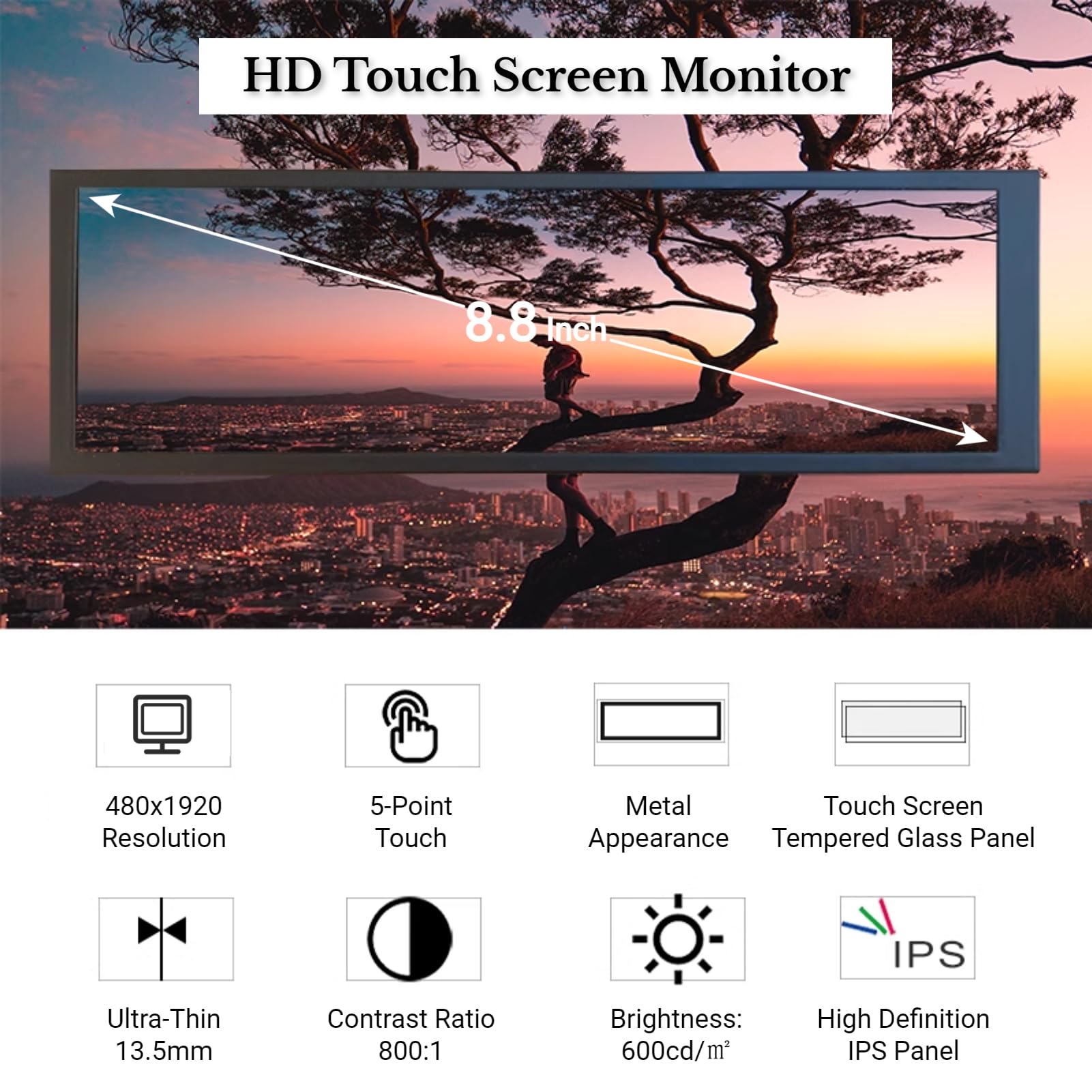 Yunseity 8.8 Inch Portable Monitor - 480x1920 HD LCD Display with 170° Viewing Angle, 60Hz Refresh Rate, HDR & 600 Nits Brightness - Eye Care USB Monitor for Raspberry Pi, Gaming & Office Work