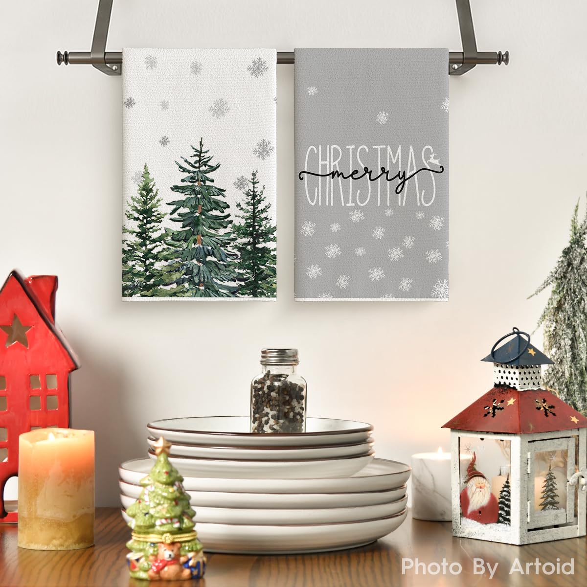 Artoid Mode Hello Snowflakes Winter Kitchen Towels - Set of 2 Christmas Pine Tree Decorated Dish Towels (18x26 Inch) | Holiday Home Decor, Festive Kitchen & Dining Accessories