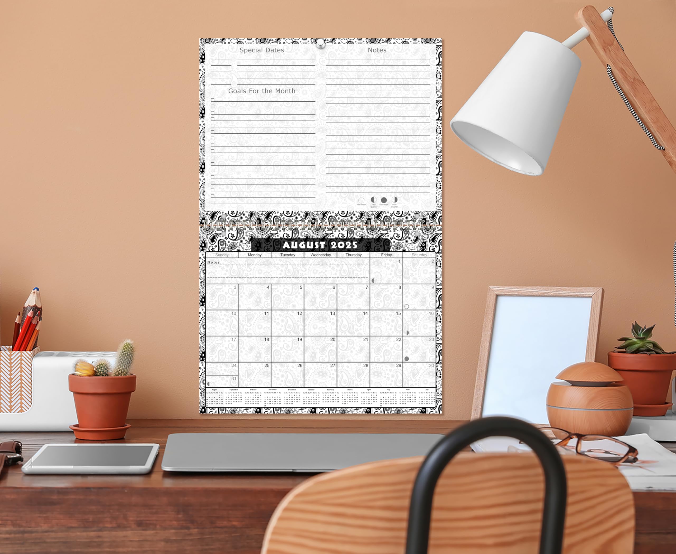 2025-2026 Academic Year 12-Month Wall & Desk Student Planner with 3-Ring Binder - School, Teacher & Student Organizer (Black & White Paisley Design) - Perfect for Classroom, Home Office & Study Planning