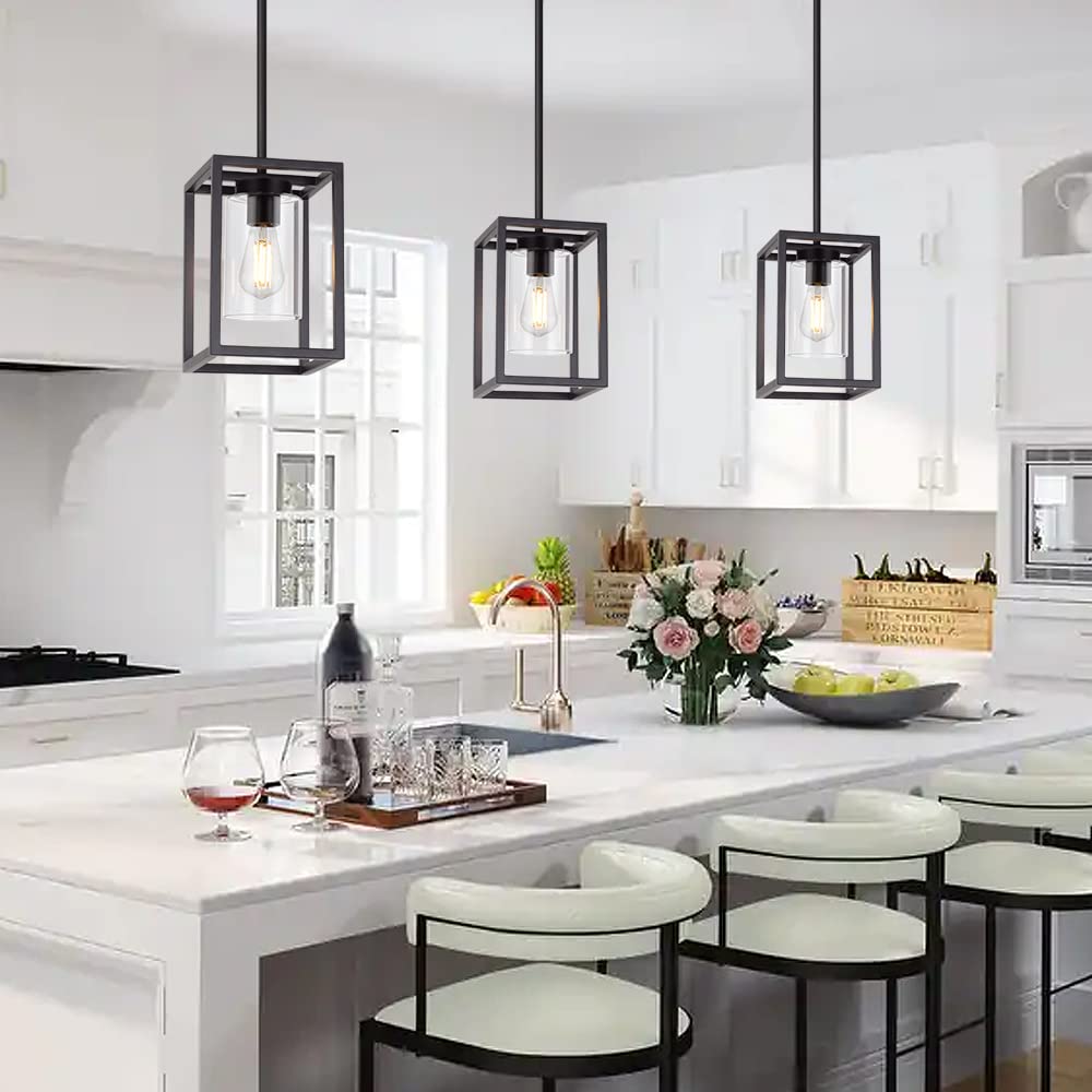 VINLUZ Black Cage Farmhouse Pendant Light with Glass Shade - Modern 1-Light Kitchen Island Chandelier for Dining Room, Living Room & Home Decor | Rustic Industrial Ceiling Hanging Fixture for Farmhouse, Loft & Contemporary Spaces