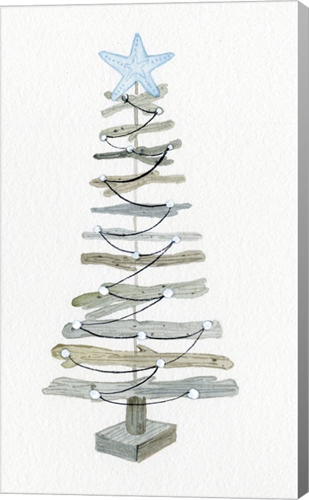 Coastal Holiday Tree III by Kathleen Parr McKenna - 7x12 Inches Canvas Art Wall Picture, Gallery Wrapped, Ready to Hang - Perfect for Beach House, Living Room, or Holiday Decor