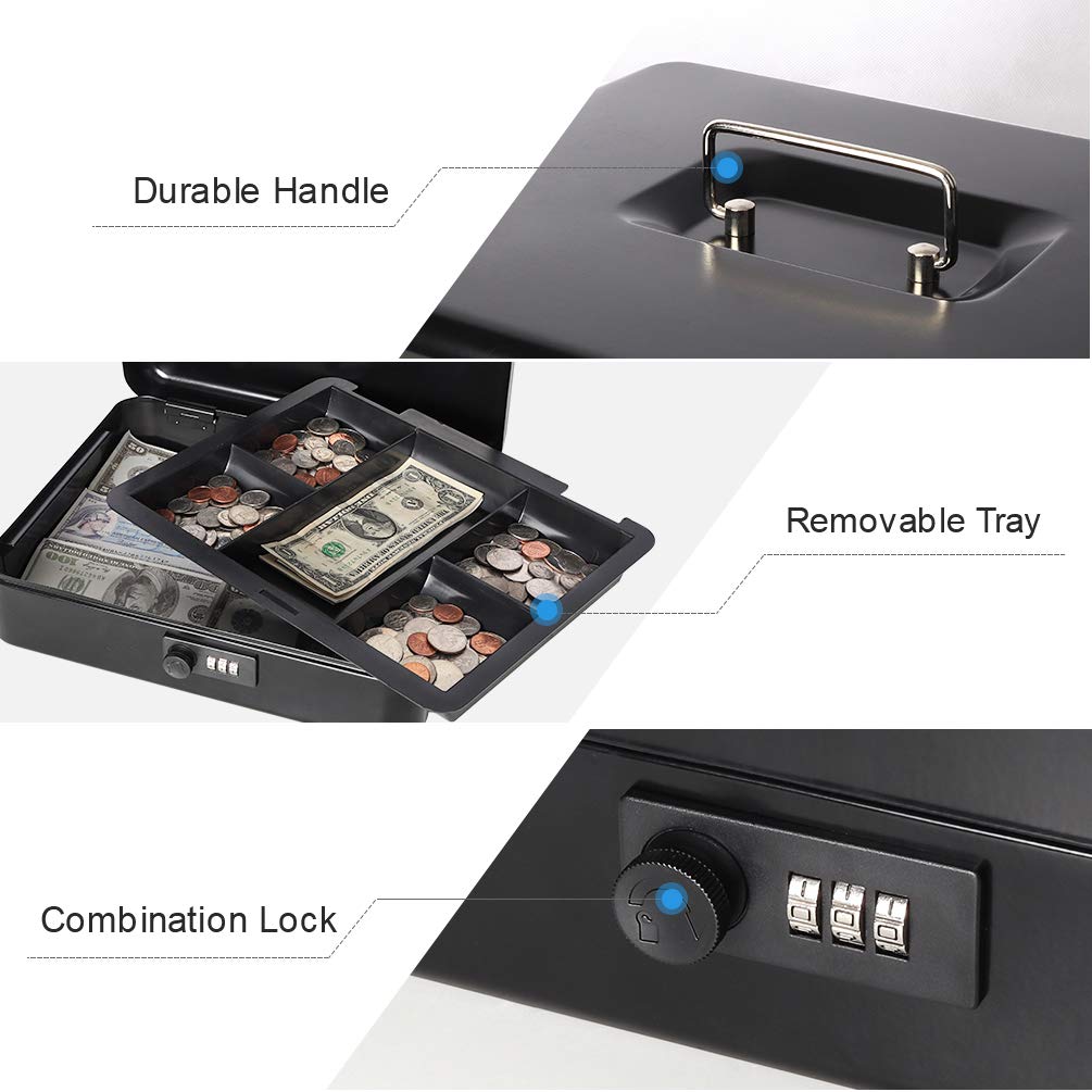 Heavy Duty Metal Cash Box with Combination Lock - Large Secure Money Storage Box with Removable Tray (11.8