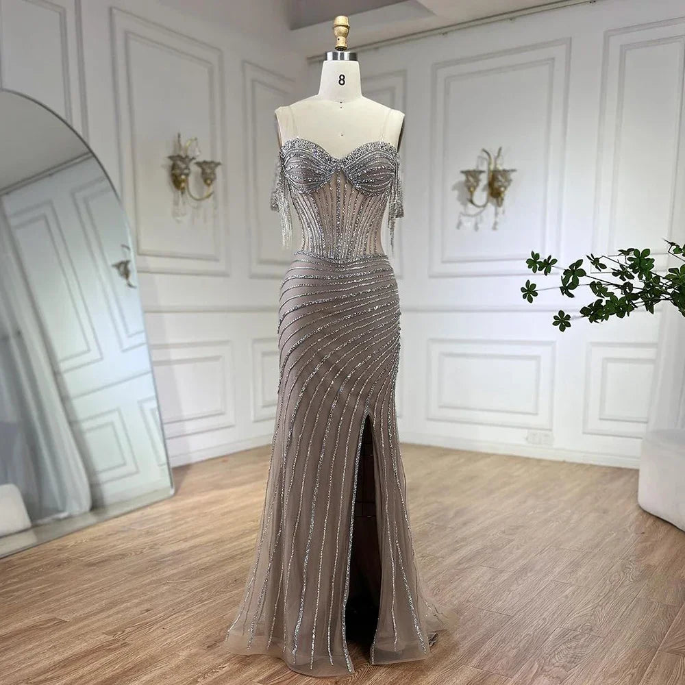 Elegant Silver Beaded Tassel Mermaid Evening Gown with Boat Neck & High Slit - Perfect for Prom, Gala & Formal Events - LA72391