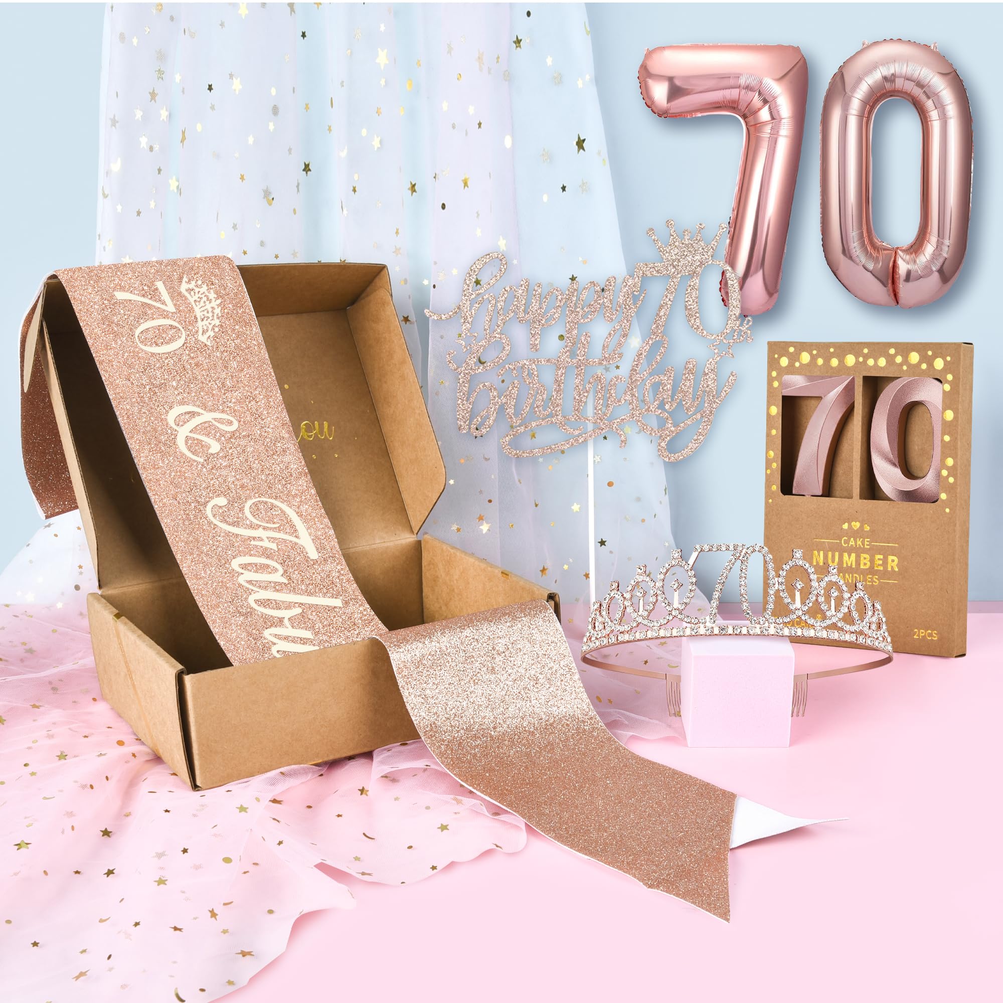 70th Birthday Decorations for Women - Gold Crown/Tiara, Satin Sash, Number 70 Balloon & Candles - Complete Party Set for Milestone Celebrations, Retirement Parties & Grandmother's Special Day