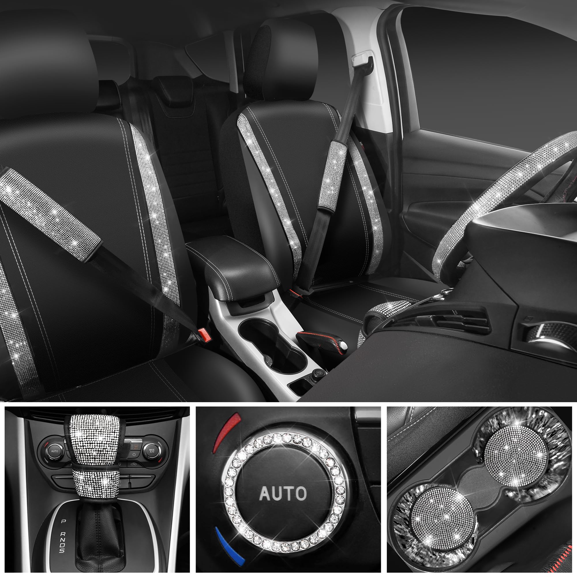 Bling Diamond Leather Car Seat Covers Set (11-Piece) - Sparkly Rhinestone Steering Wheel Cover & Glitter Car Interior Accessories for Women - Luxury Car Decor for Sedan, SUV, Coupe - Perfect Gift for Her & Car Enthusiasts