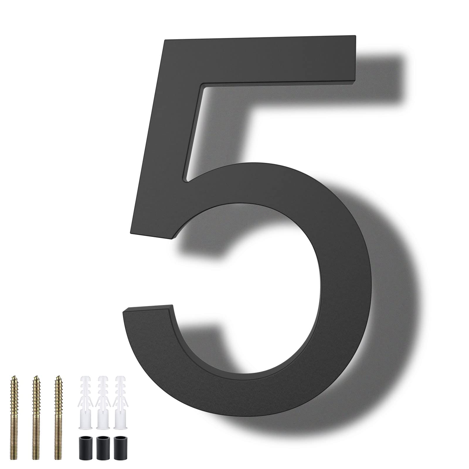 DEWEL 8 Inch Modern Floating House Numbers - Black Outdoor Address Plaque for Enhanced 911 Visibility with Installation Kit (Number 5) | Perfect for Mailbox, Front Door & Curb Appeal Home Decor