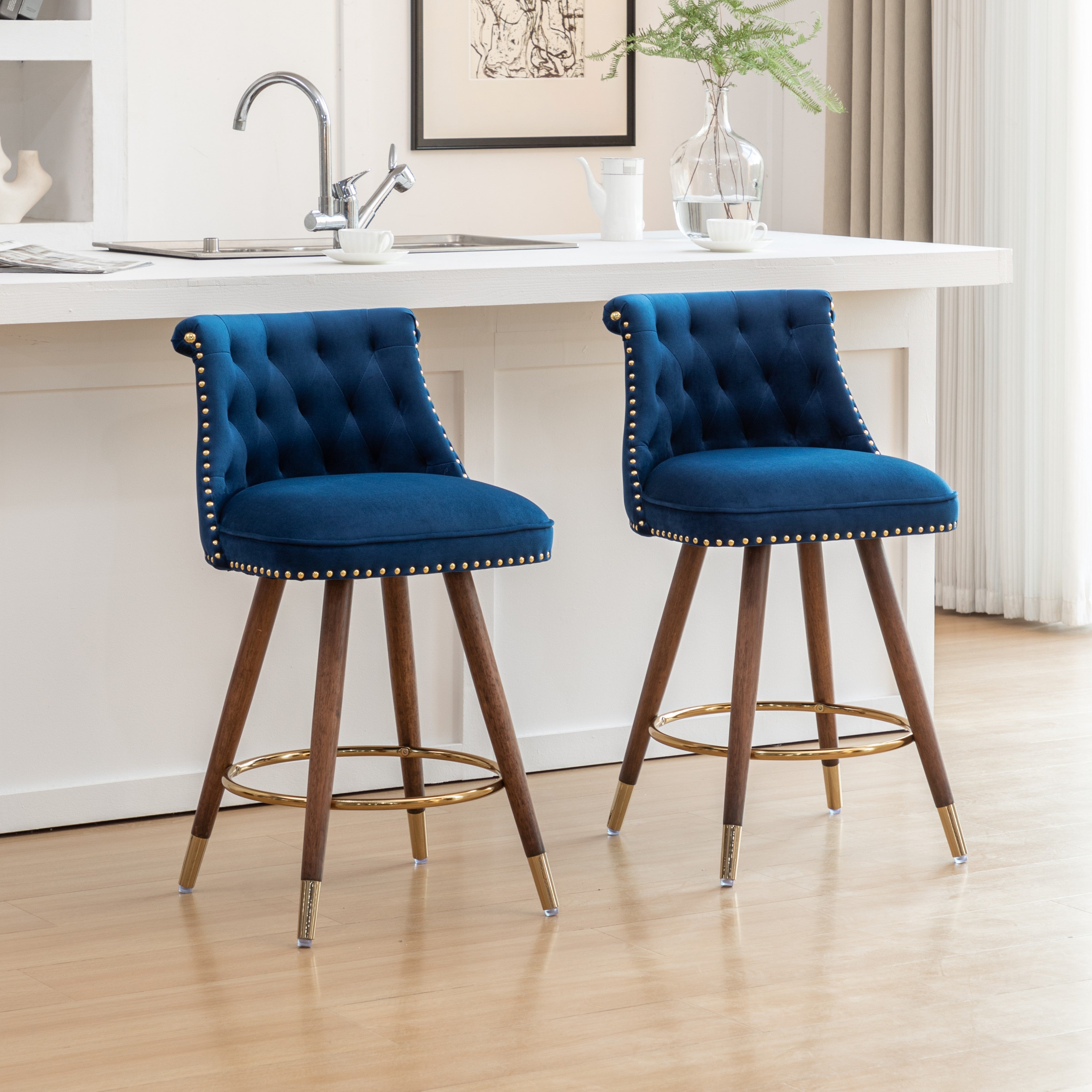 Roundhill Furniture Elvara Set of 2 Button Tufted Counter Stools with Nailhead Trim - Modern Kitchen Bar Stools for Breakfast Nook, Kitchen Island & Home Decor