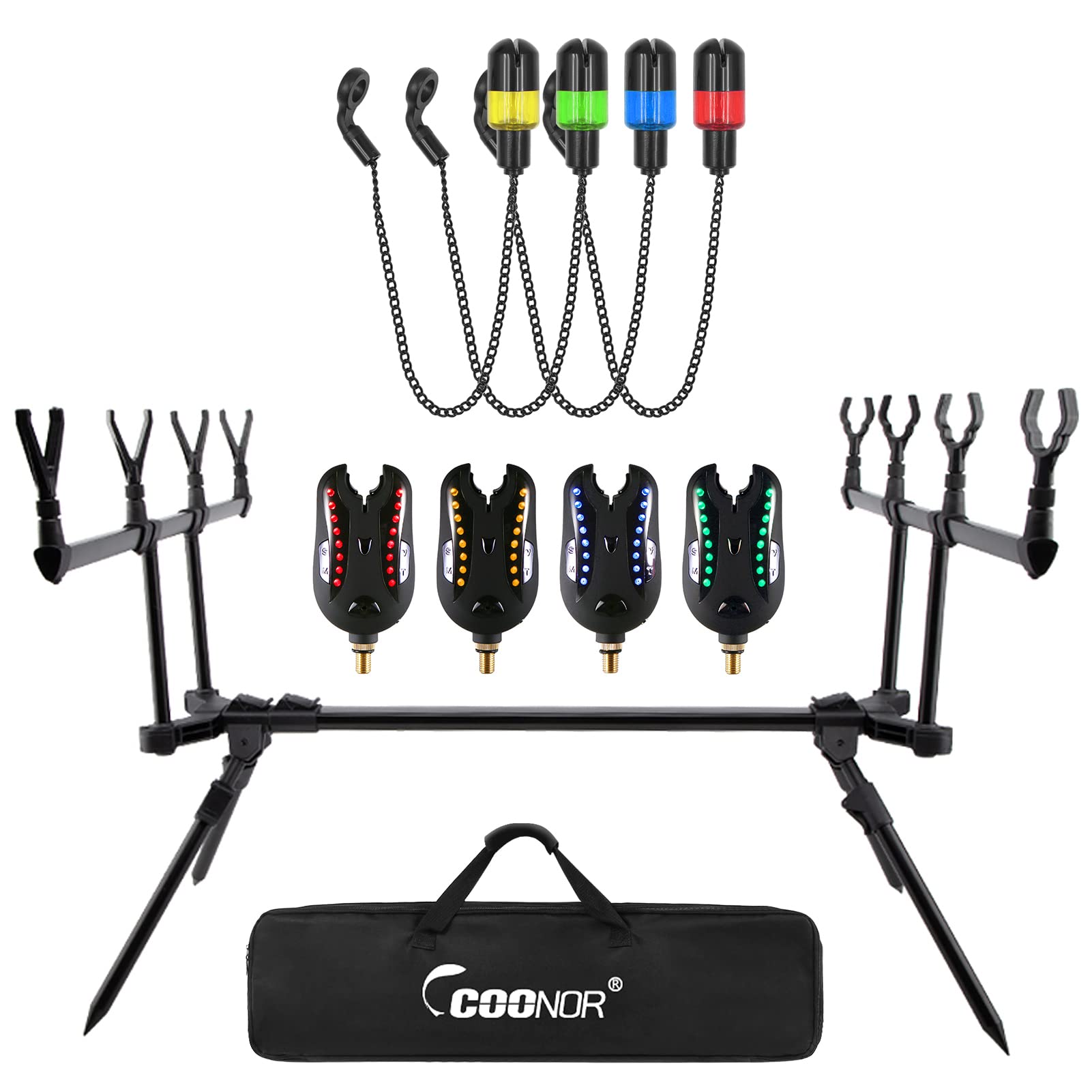 Adjustable Retractable Carp Fishing Rod Holder Stand with LED Bite Alarms - Durable Fishing Gear for Night Fishing & Carp Angling | Perfect for Bank Fishing, Lake Fishing & Outdoor Adventures