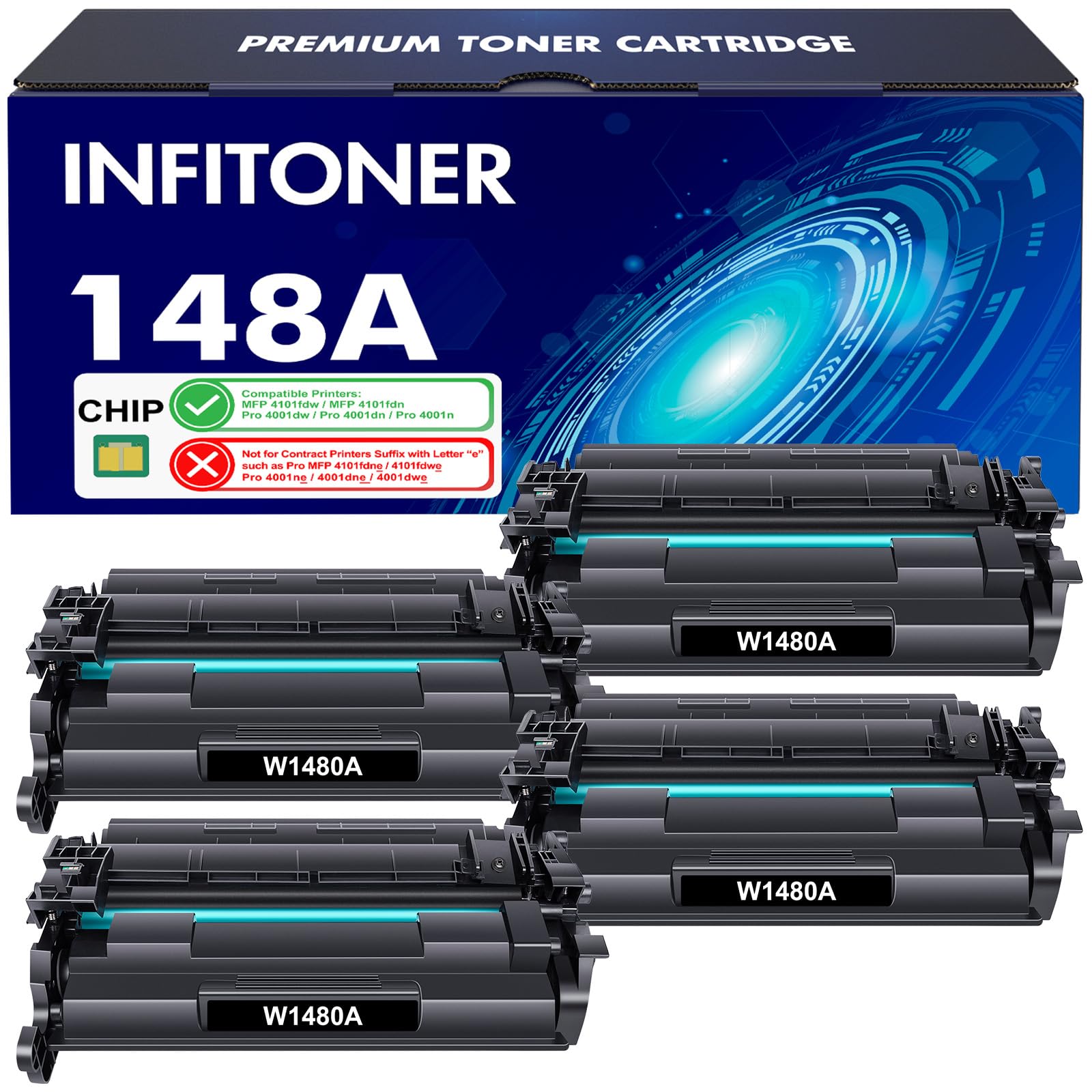 High Yield 148A Black Toner Cartridge 4-Pack (with Chip) - Compatible Replacement for HP 148A/148X/W1480A/W1480X - Works with HP Pro 4001dw/4001dn/4001n MFP 4101fdw/4101fdn Printers - Ideal for Office Printing & Bulk Document Needs