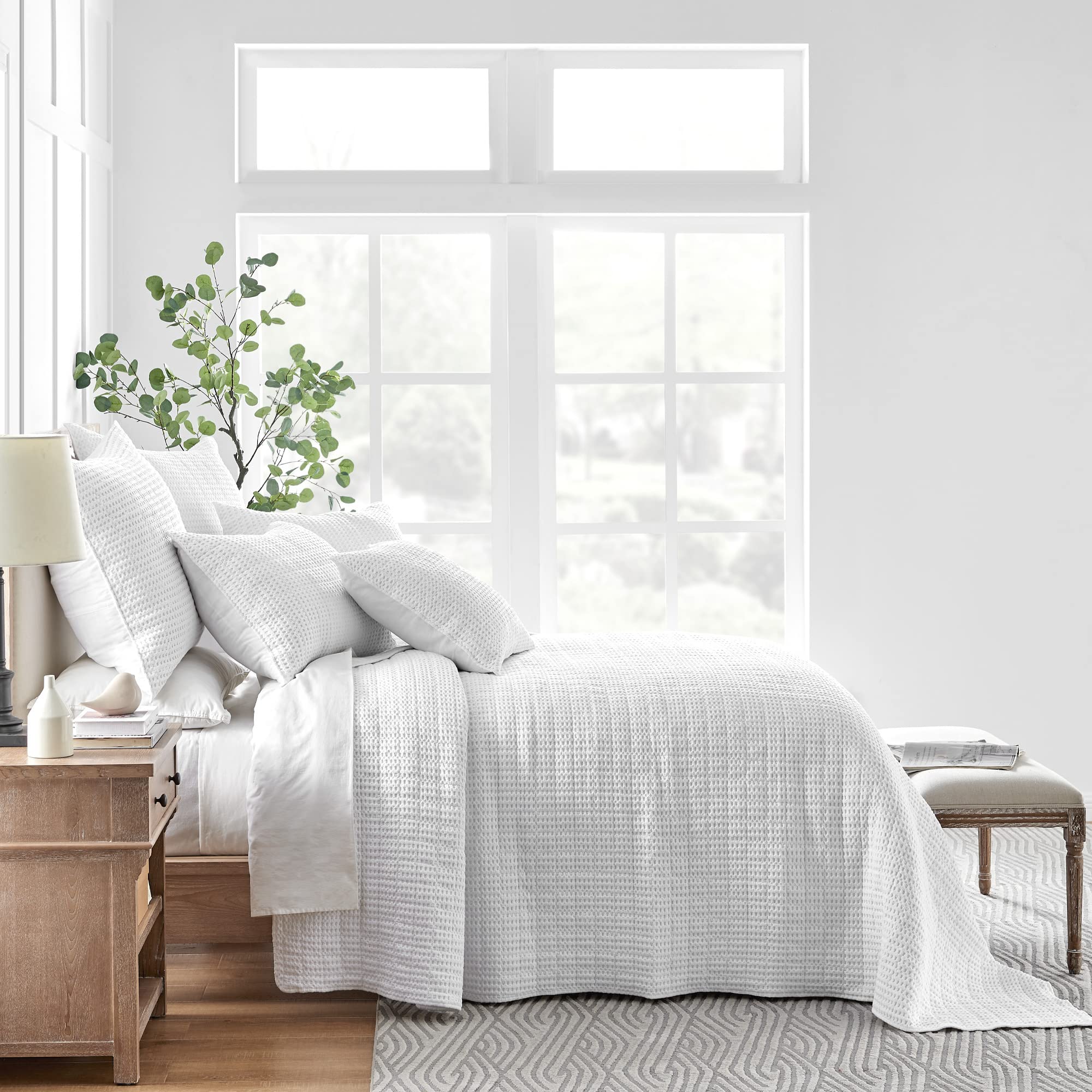 Levtex Home Mills Waffle Queen Quilted Bedspread Set - 100% Cotton Waffle Weave Bedding - Bright White (104