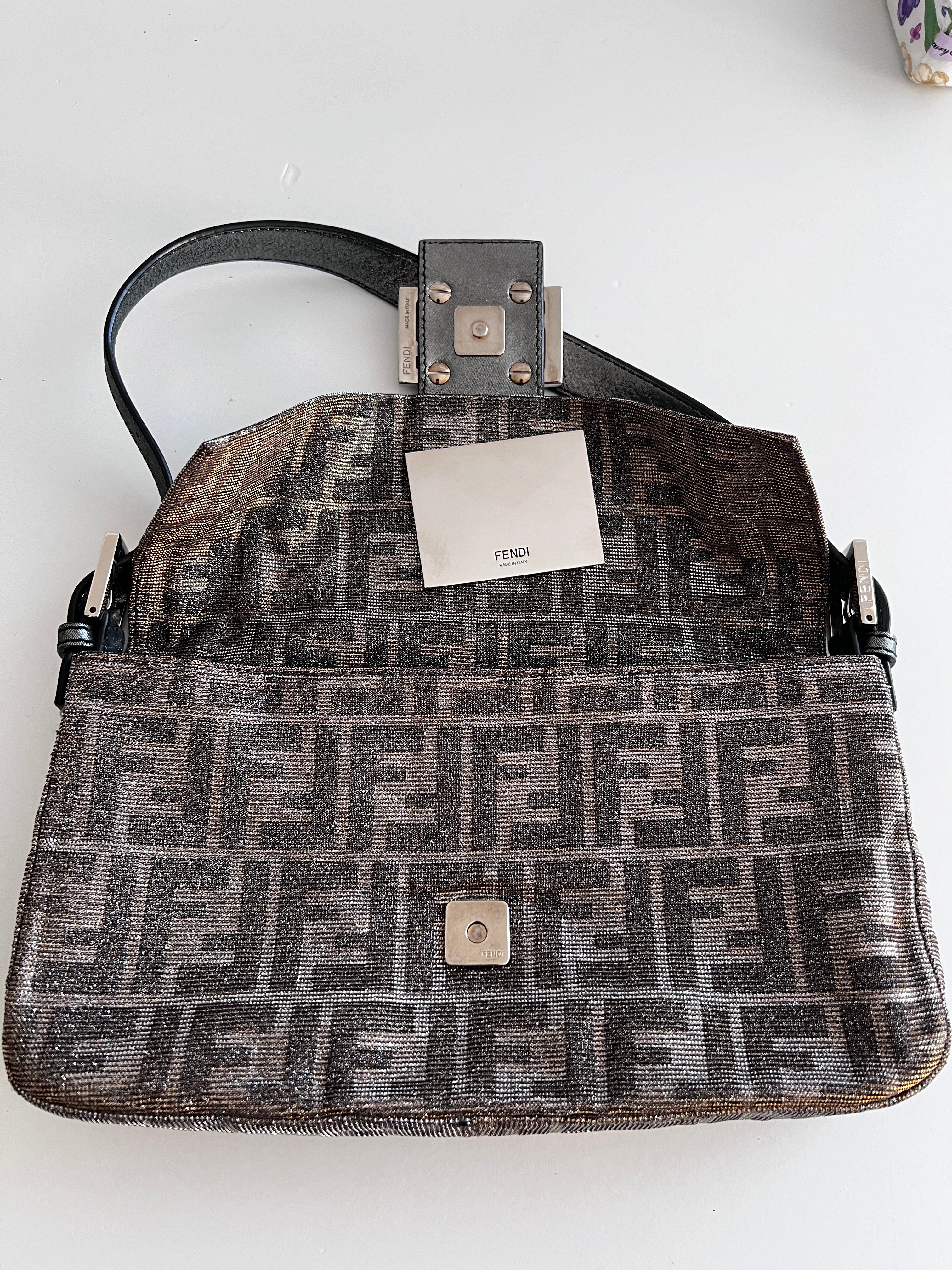 Fendi Silver Shimmering Zucca Baguette Bag - Luxury Designer Crossbody Purse for Women | Perfect for Evening Parties, Date Nights & Special Occasions
