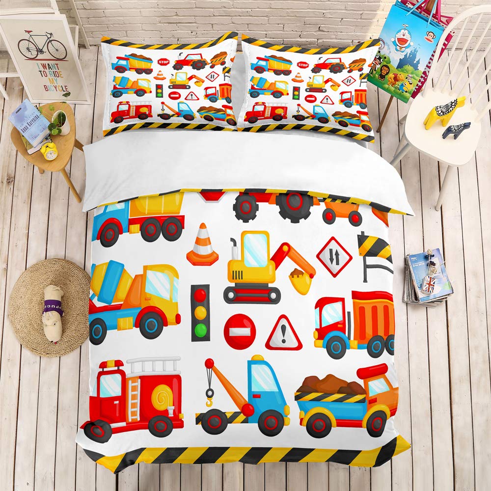 REALIN Construction Duvet Cover Set - Excavator Tractor Crane Themed Bedding for Boys - 2/3/4PCS Microfiber Quilt Cover with Sheets & Pillow Shams - Twin/Full/Queen/King Size - Perfect for Kids' Rooms, Construction Theme Bedrooms & Gift Giving