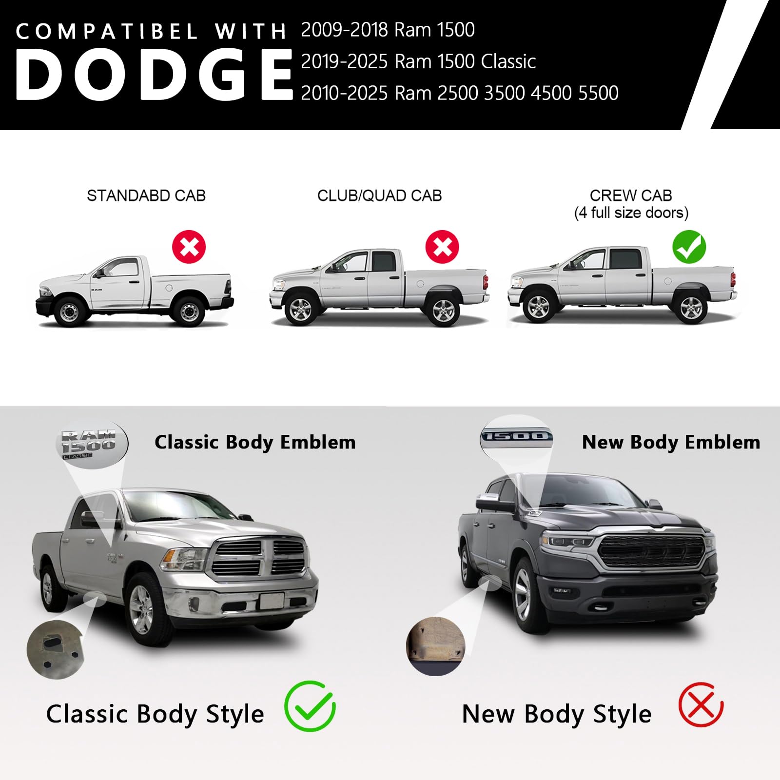 Black Aluminum Alloy Running Boards for 2009-2025 Dodge Ram 1500/2500/3500 Crew Cab - 6