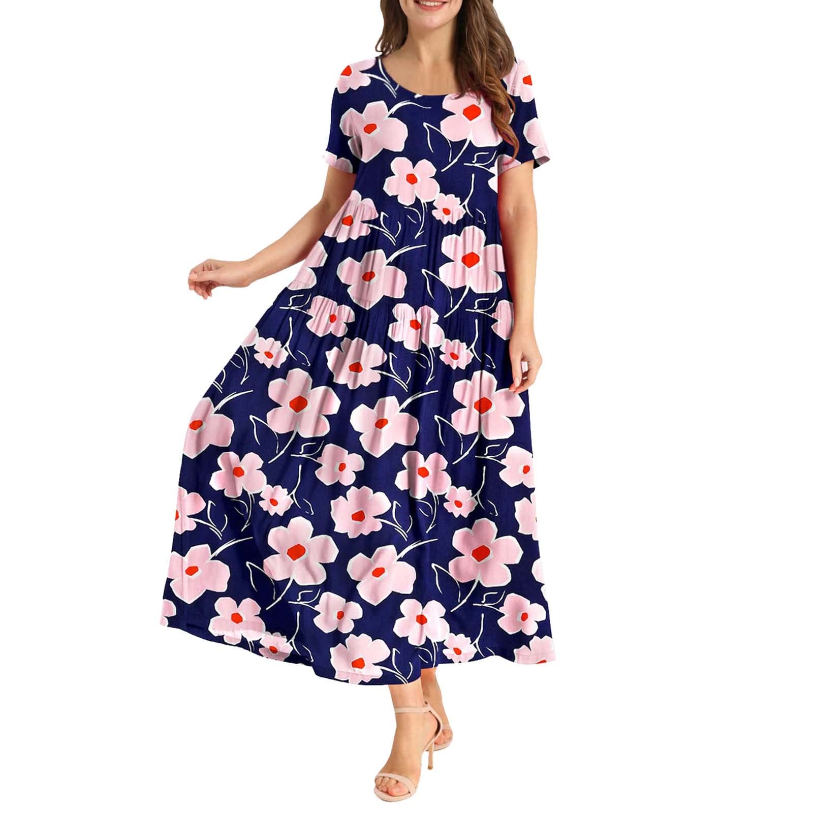 Women's Casual Loose Bohemian Floral Maxi Dress with Pockets - Short Sleeve Summer Beach Swing Dress for Vacation, Outdoor Parties & Boho Fashion