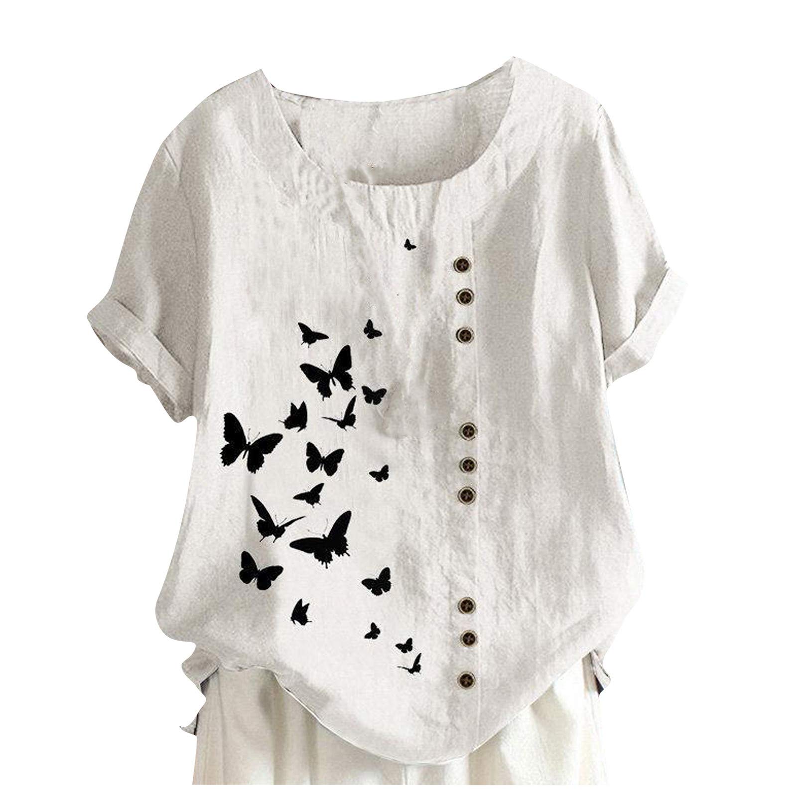 Women's Plus Size Short Sleeve Cotton Linen T-Shirt - Cute Dandelion Boho Floral Print Crewneck Tee for Summer | Casual Outfit, Beach Wear & Vacation Essentials
