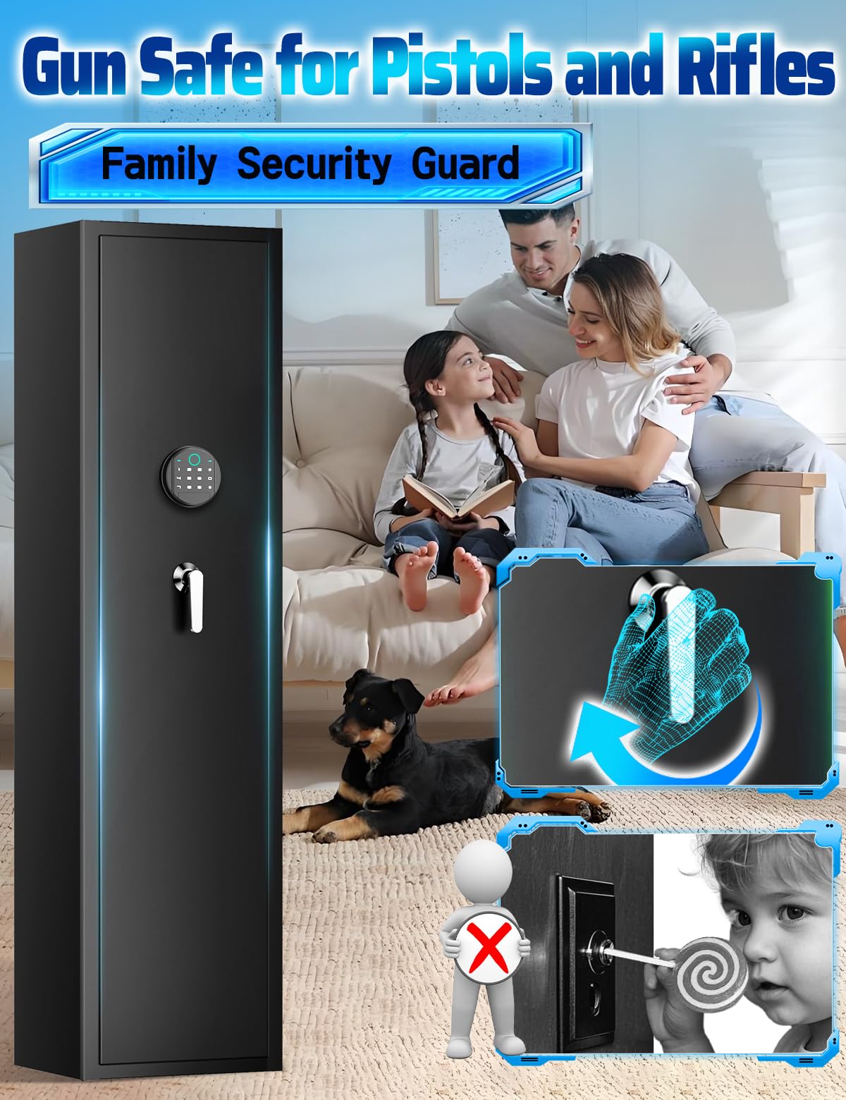 5-6 Gun Biometric Safe for Rifles & Pistols - Fingerprint Lock Security Cabinet with Alarm, Adjustable Rack & Silent Mode - No Assembly Required for Home, Office & Vehicle Protection