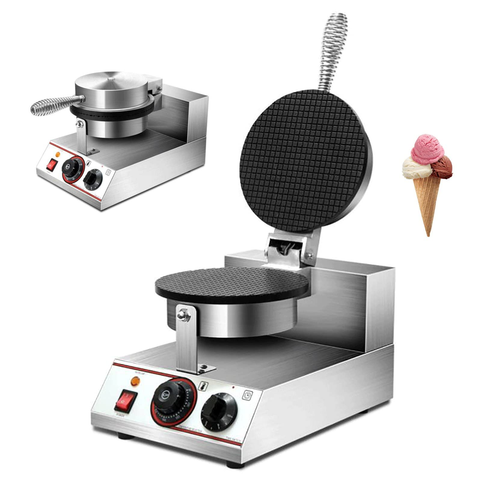 Commercial Ice Cream Cone Waffle Maker Machine 1200W - Stainless Steel Electric Waffle Cone Baker with Temperature & Time Control - Perfect for Restaurants, Bakeries, Ice Cream Shops & Home Use - Makes Crispy Waffle Cones for Gelato, Soft Serve & Desserts