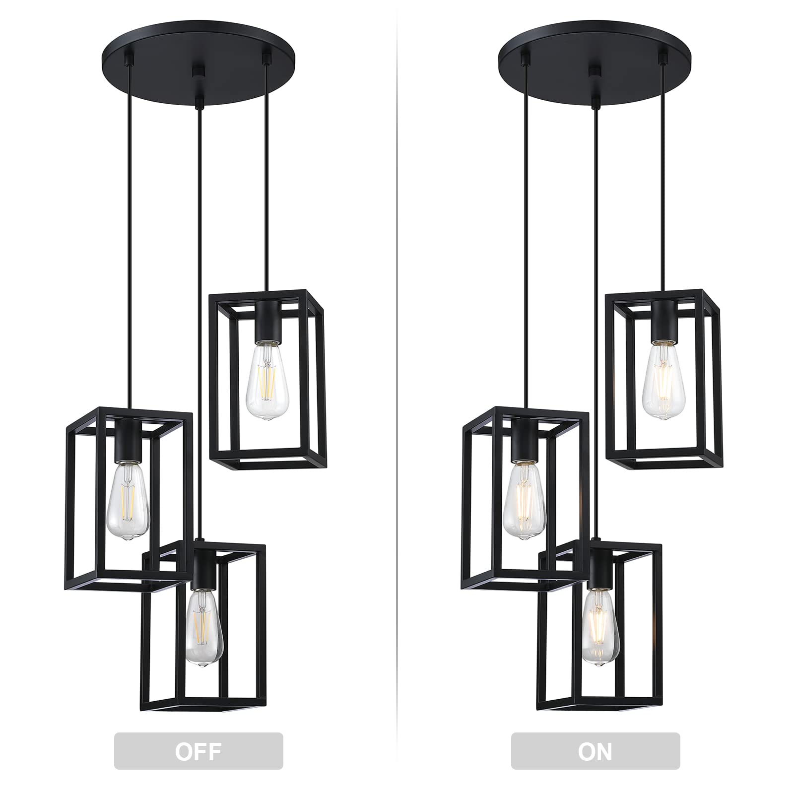3-Light Adjustable Rustic Farmhouse Pendant Light with Metal Cage - Black Ceiling Lighting Fixture for Kitchen Island, Cafe & Bar - Perfect for Dining Areas, Breakfast Nooks & Commercial Spaces