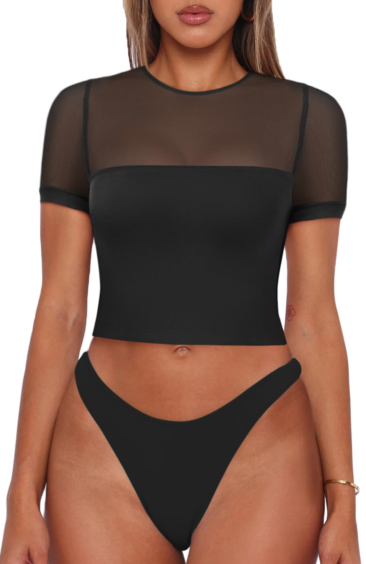REORIA Women's Sexy Crew Neck Short Sleeve Sheer Mesh T-Shirt - Slim Fit Crop Top for Summer, Night Out & Casual Wear | Breathable Fashion Tee for Parties, Dates & Beach
