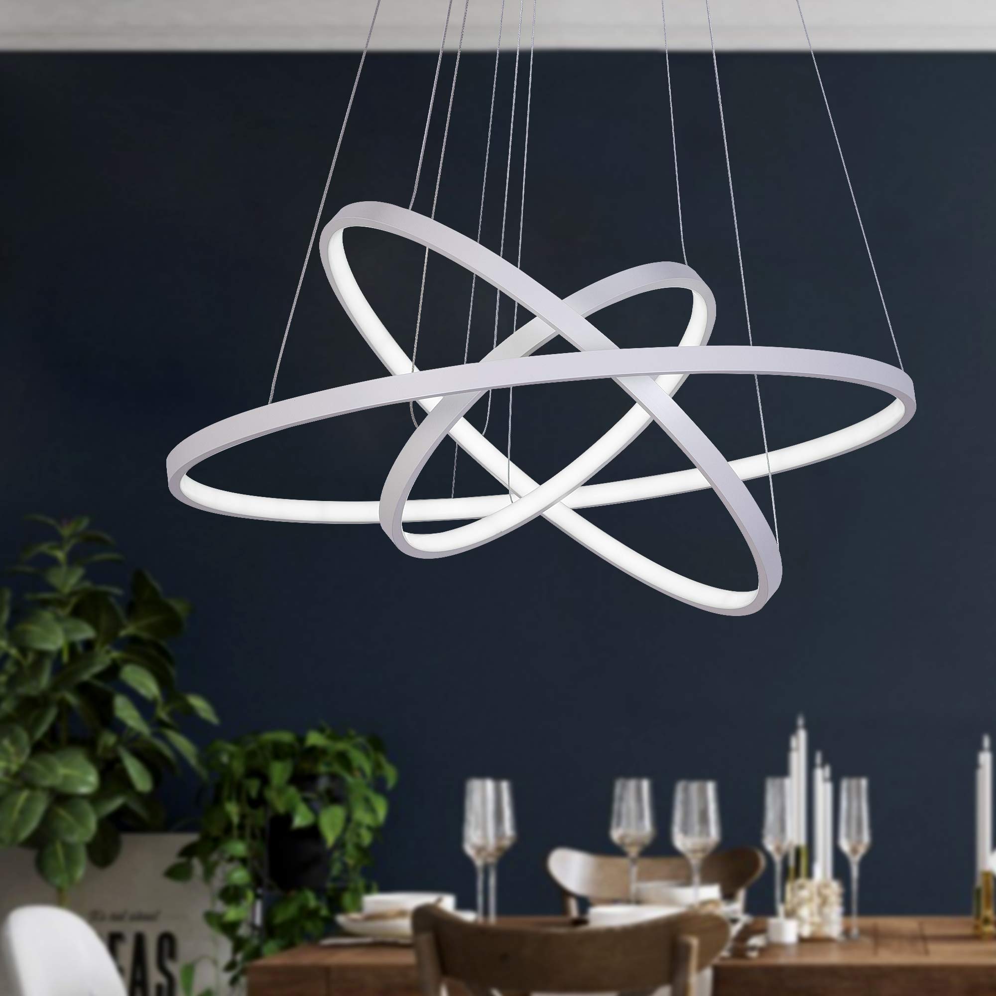 Modern Dimmable LED Chandelier Lighting - 3 Ring Contemporary Pendant Light Fixture for Dining Room, Living Room, Bedroom & Foyer - Cool White Hanging Ceiling Light for Home Decor & Ambiance