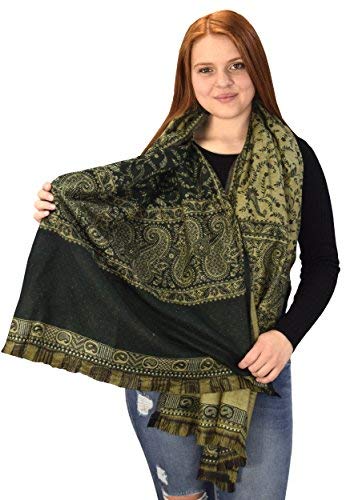Thick 4-Ply Reversible Paisley Pashmina Blanket Scarf - Dark Green/Tan - Perfect for Travel, Office & Winter Fashion Accessory