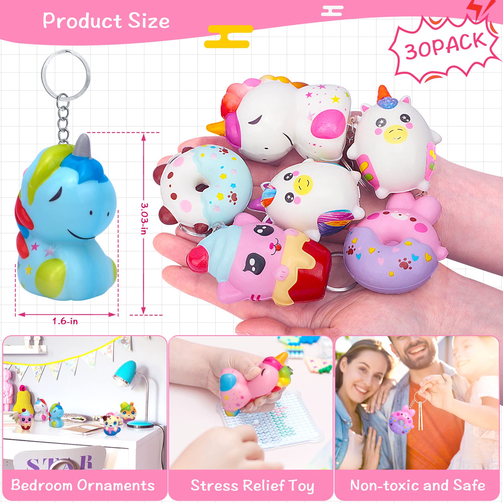Kawaii Squishy Toys 30 Pack - Cute Unicorn Donuts for Stress Relief & Party Favors
