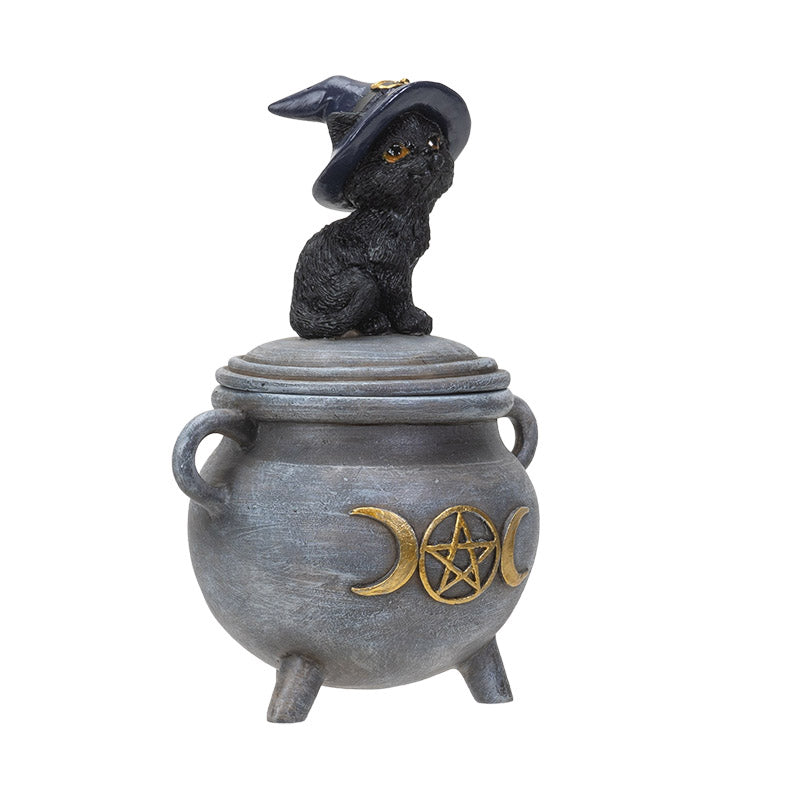 Black Cat on Cauldron Box - Halloween Decorative Storage Box for Witchcraft Supplies, Spooky Home Decor, and Gift Wrapping