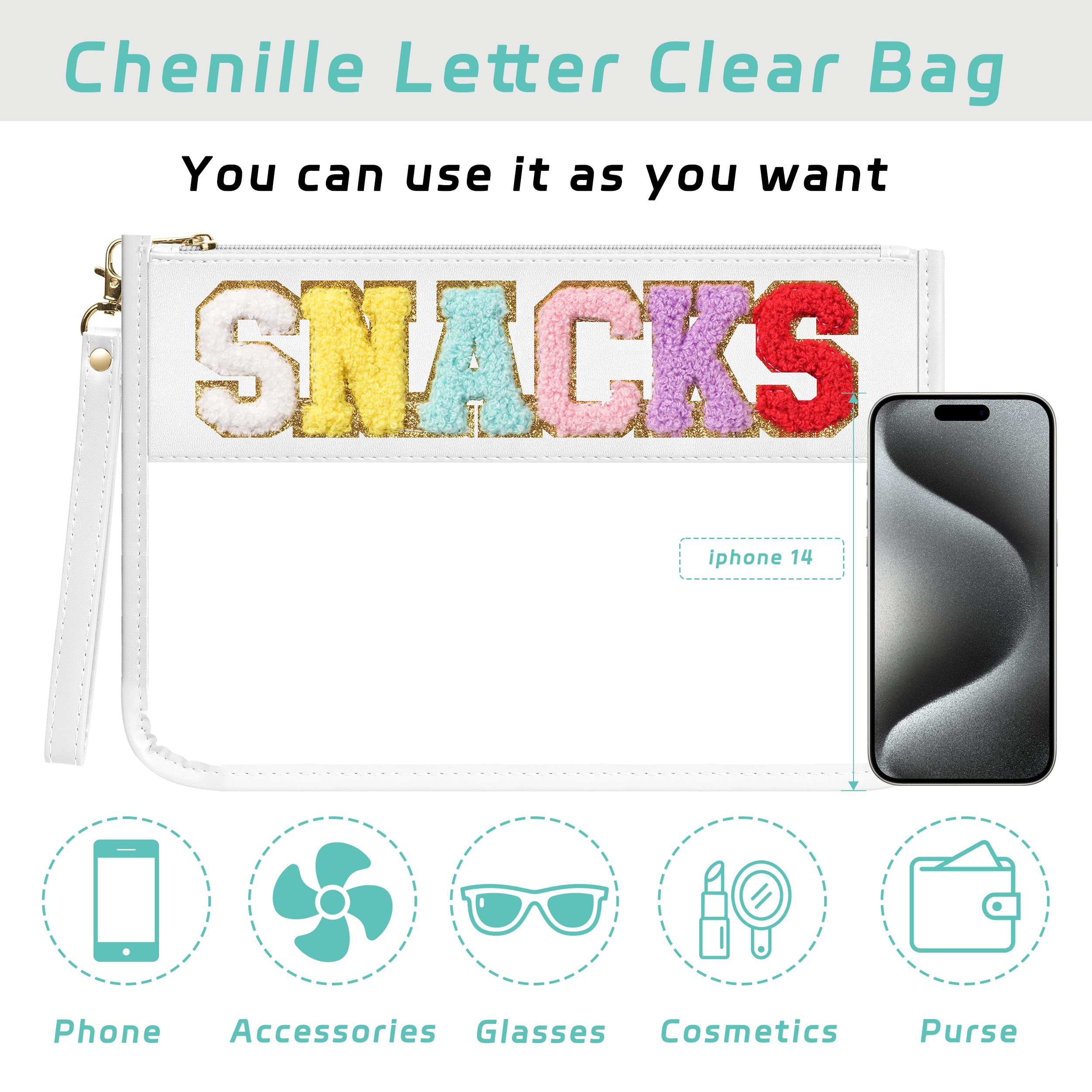 Chenille Letter Clear Zipper Pouch for Travel - Waterproof Nylon Makeup Bag | PVC Cosmetic Organizer | Snack Storage for Women & Girls | Multi-Purpose Clear Travel Accessories (White) - Perfect for Airplane, Gym, Beach & Daily Essentials