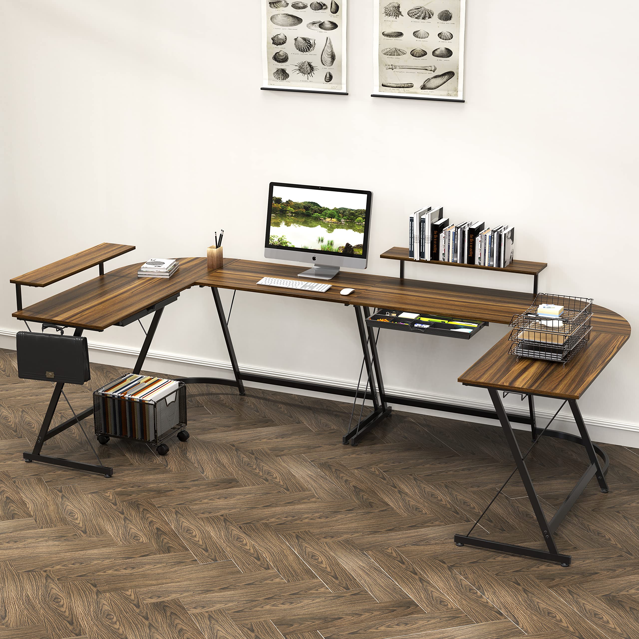 SHW Vista L-Shape Computer Desk with Monitor Stand - Walnut Finish Home Office Desk for Work & Gaming - Perfect for Small Spaces & Multi-Monitor Setups