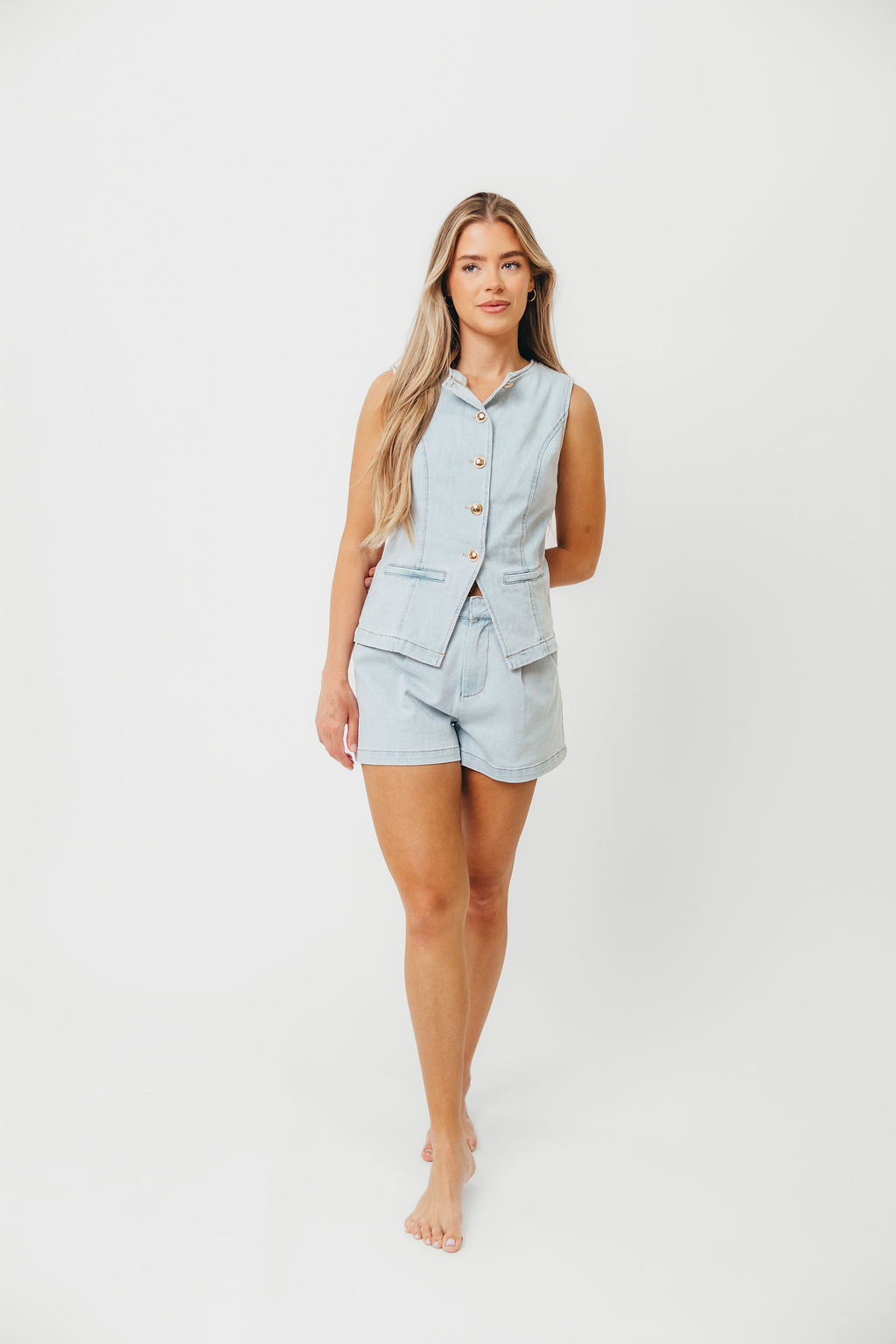 Jayne Light Denim Button Down Sleeveless Vest & Paperbag Shorts Set | Women's Summer Outfit for Beach, Travel & Casual Wear