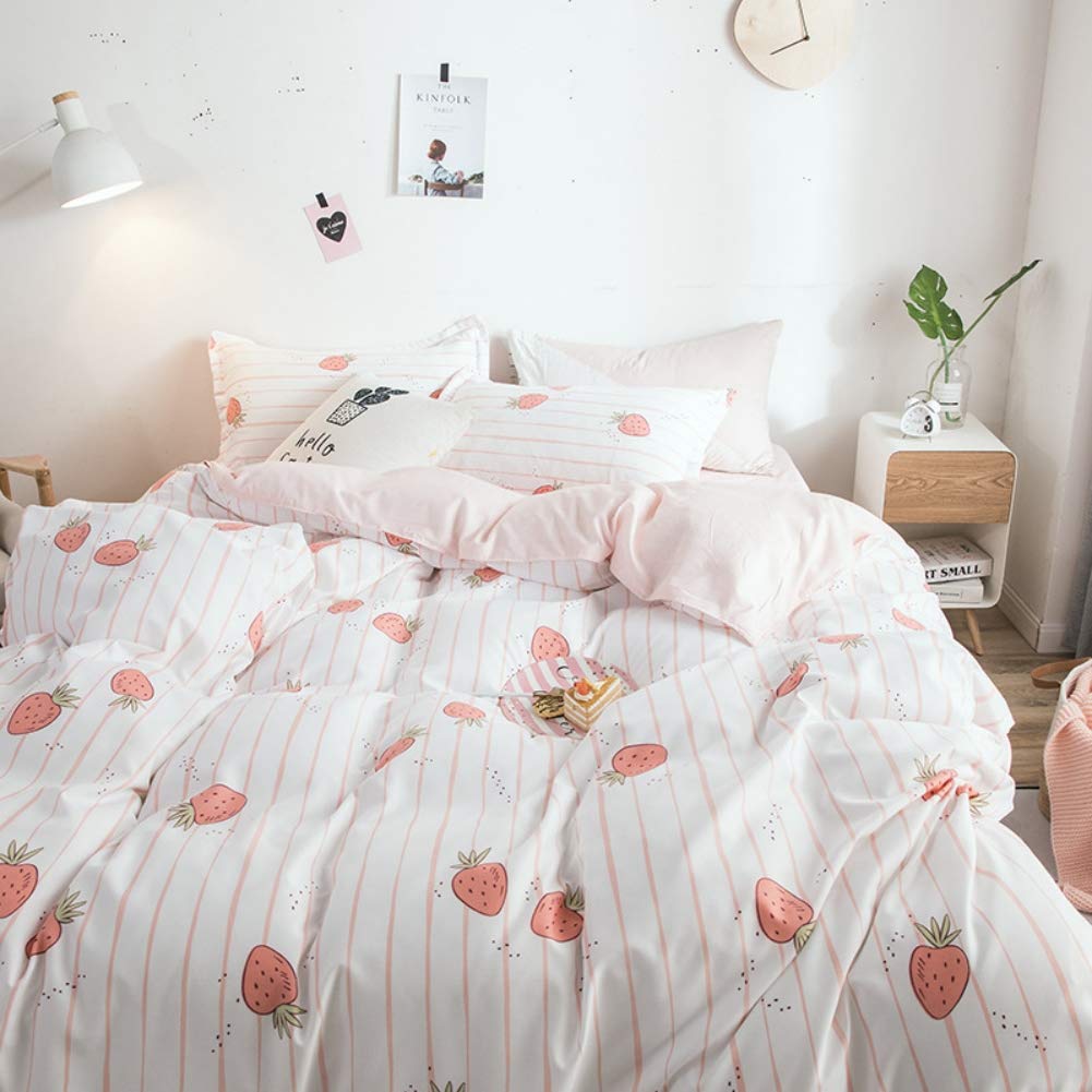 Strawberry Duvet Cover Set Twin Size - Cute Fruit Print Bedding for Girls & Kids Room Decor - Vibrant Pink Red Reversible Comforter Cover with Zipper Closure - Kawaii Style Bedspread for Nursery, Teen Bedroom & Sleepovers