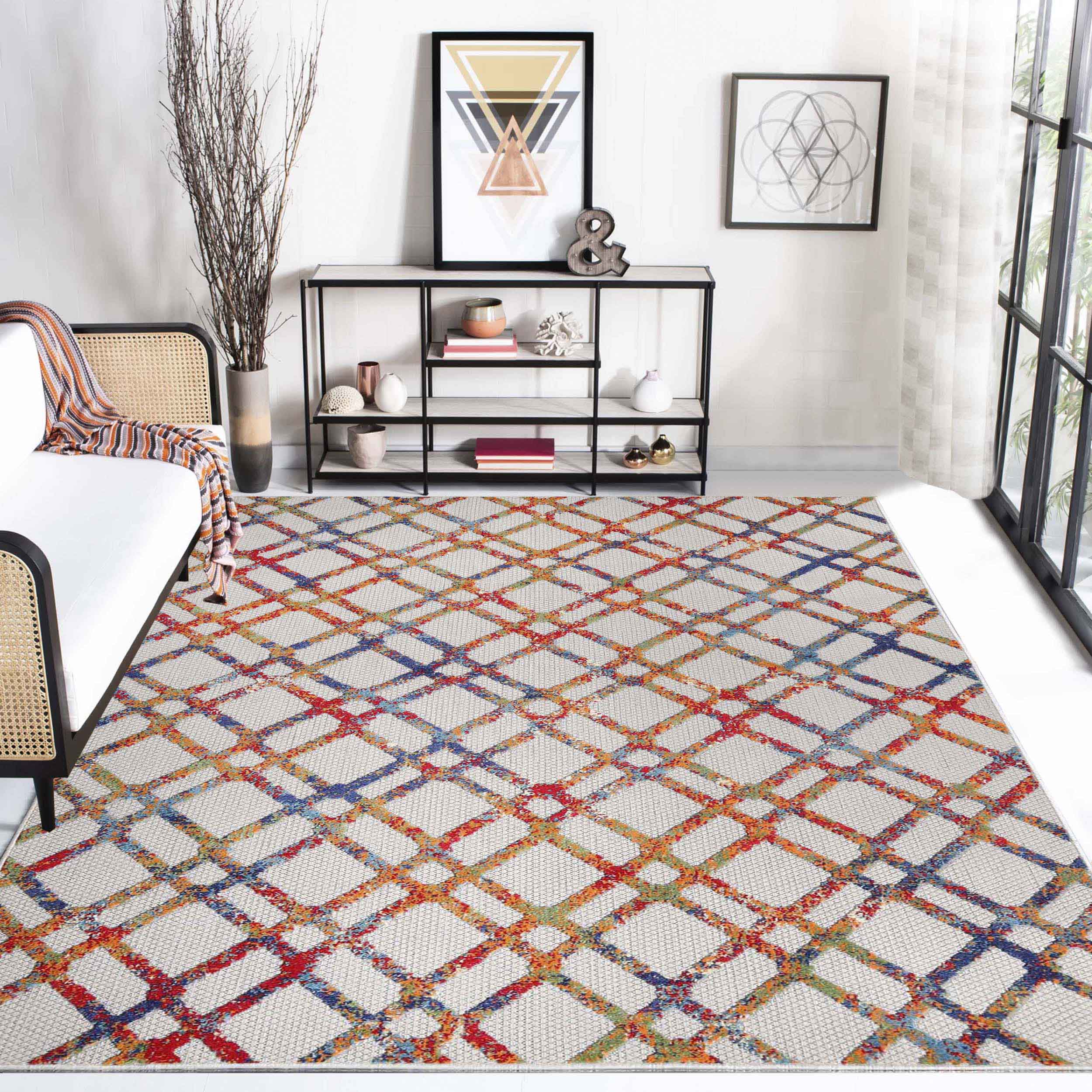 Paxson Geometric Diamond Lattice Indoor Outdoor Area Rug - Non-Slip Modern Floor Mat for Living Room, Bedroom, Patio & Deck Decor