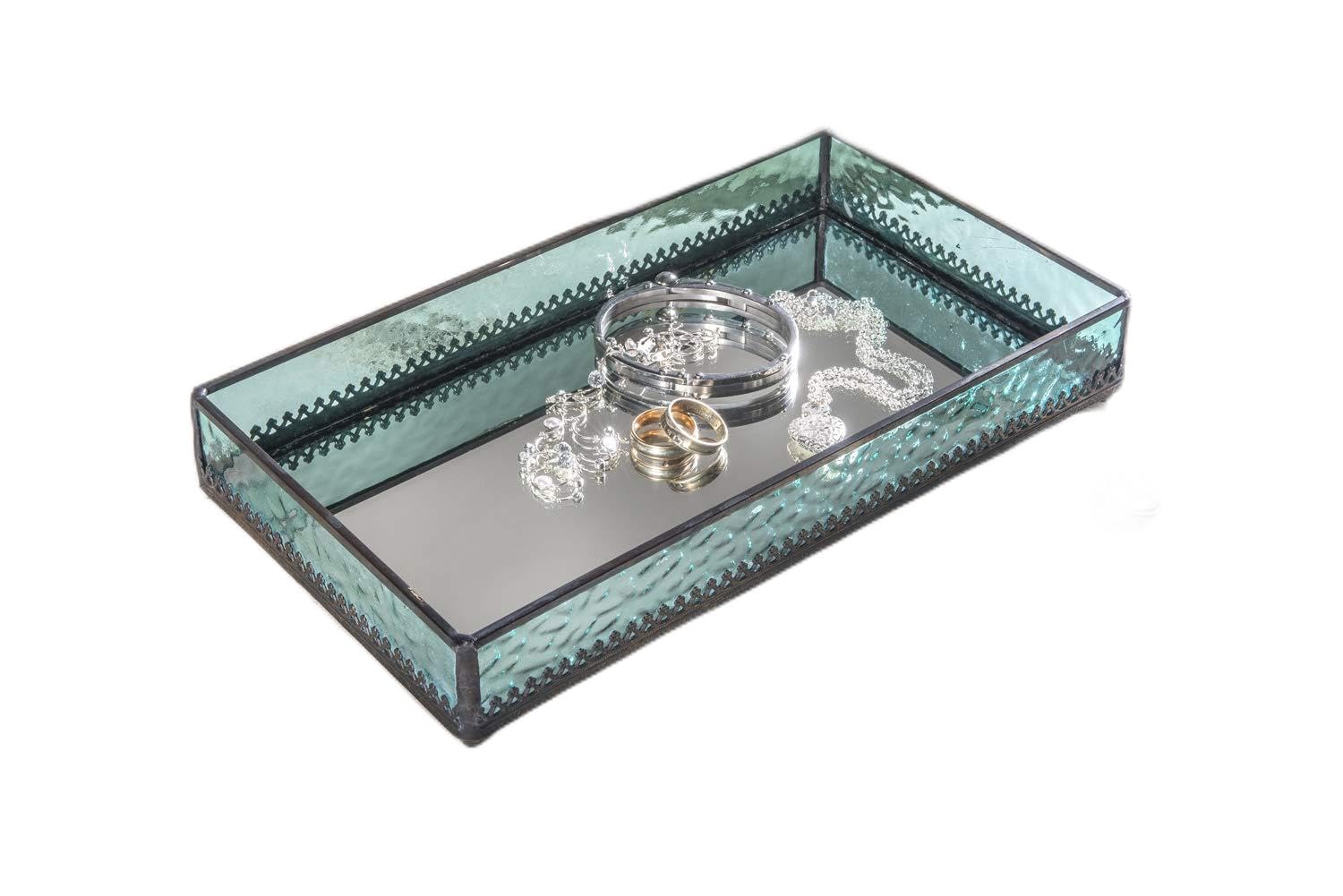 Turquoise Blue Glass Tray with Mirrored Bottom - Jewelry & Makeup Organizer for Bathroom Vanity & Dresser