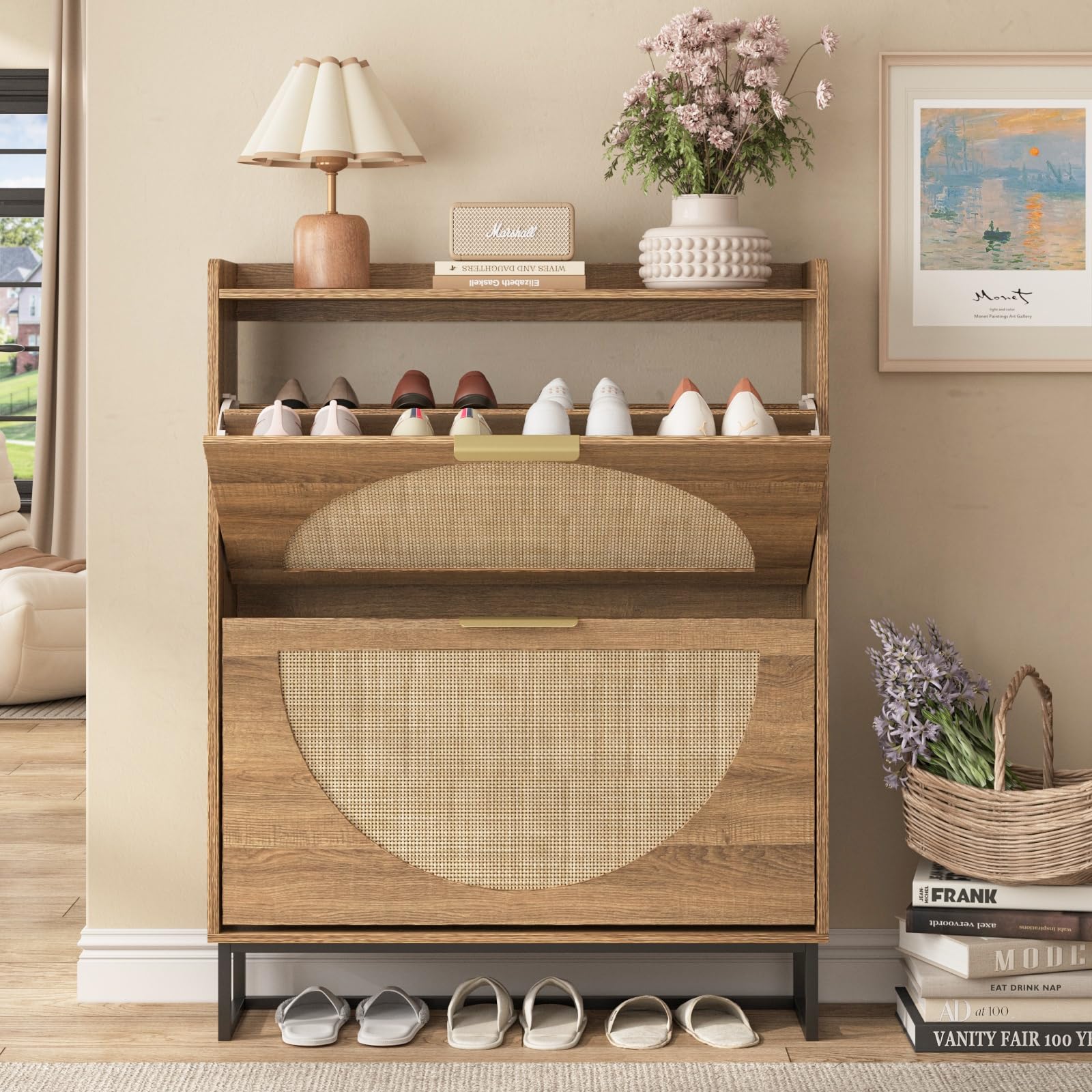Maupvit Rattan Shoe Storage Cabinet with 2 Flip Drawers - Freestanding Shoe Organizer with Metal Legs for Entryway, Hallway & Closet - Hidden Golden Handles, Narrow Shoe Rack Cabinet in Rustic Oak - Perfect for Small Spaces & Home Organization